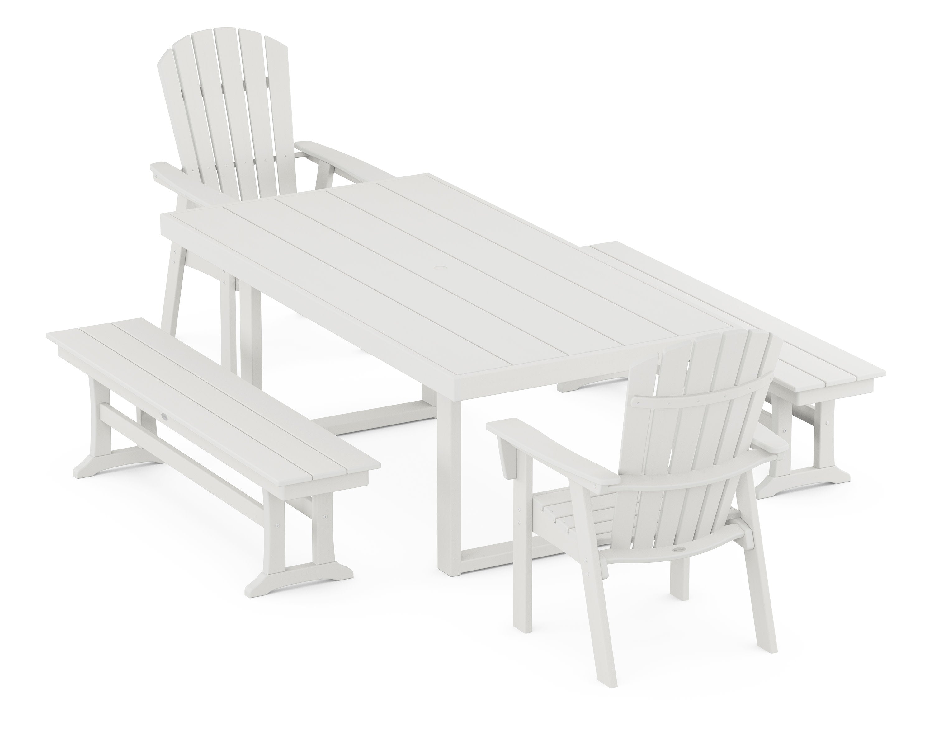 Nautical Curveback Adirondack 5-Piece Dining Set with Benches in Vintage White