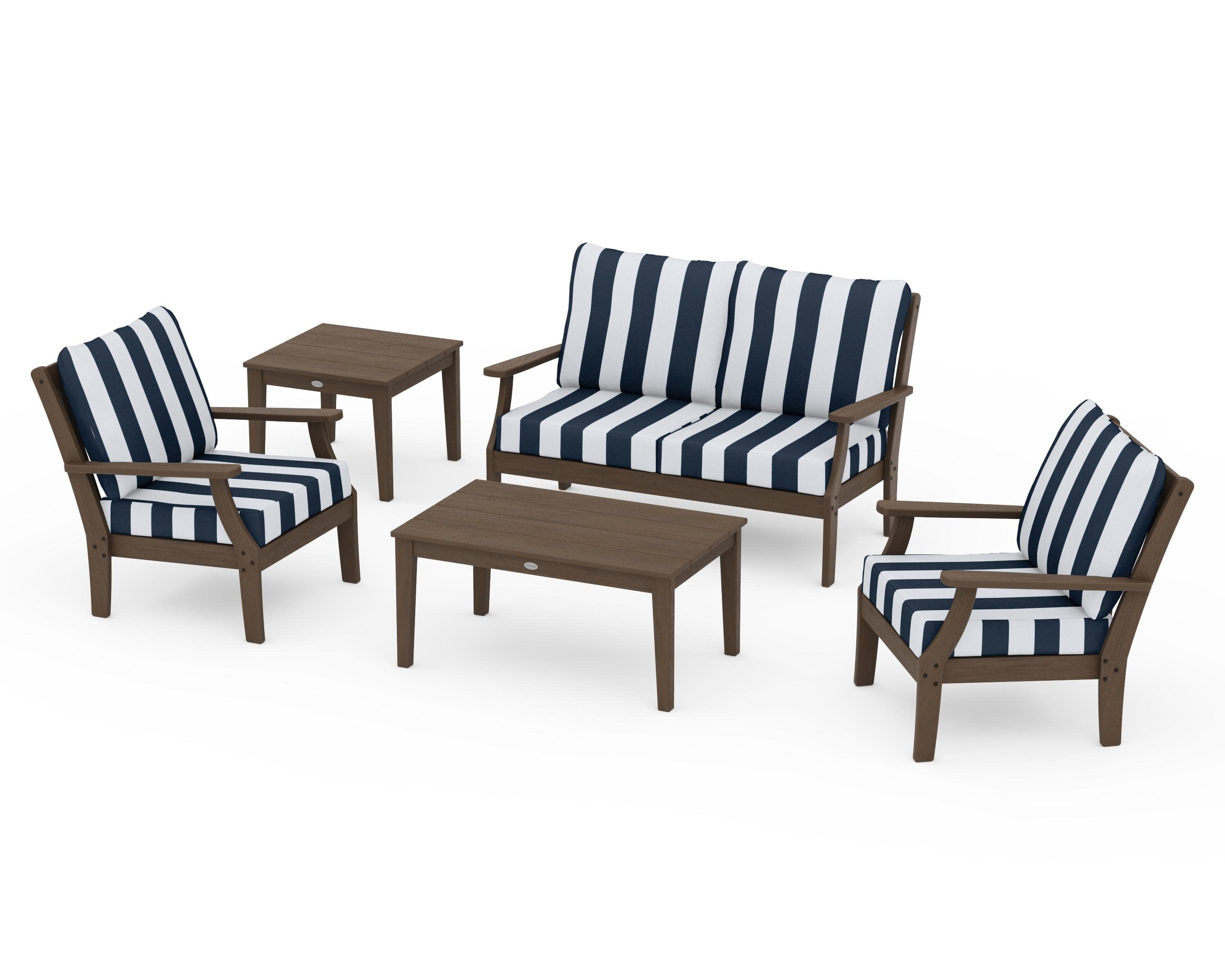Braxton 5-Piece Deep Seating Set in Kona / Cabana Stripe Marine Indigo