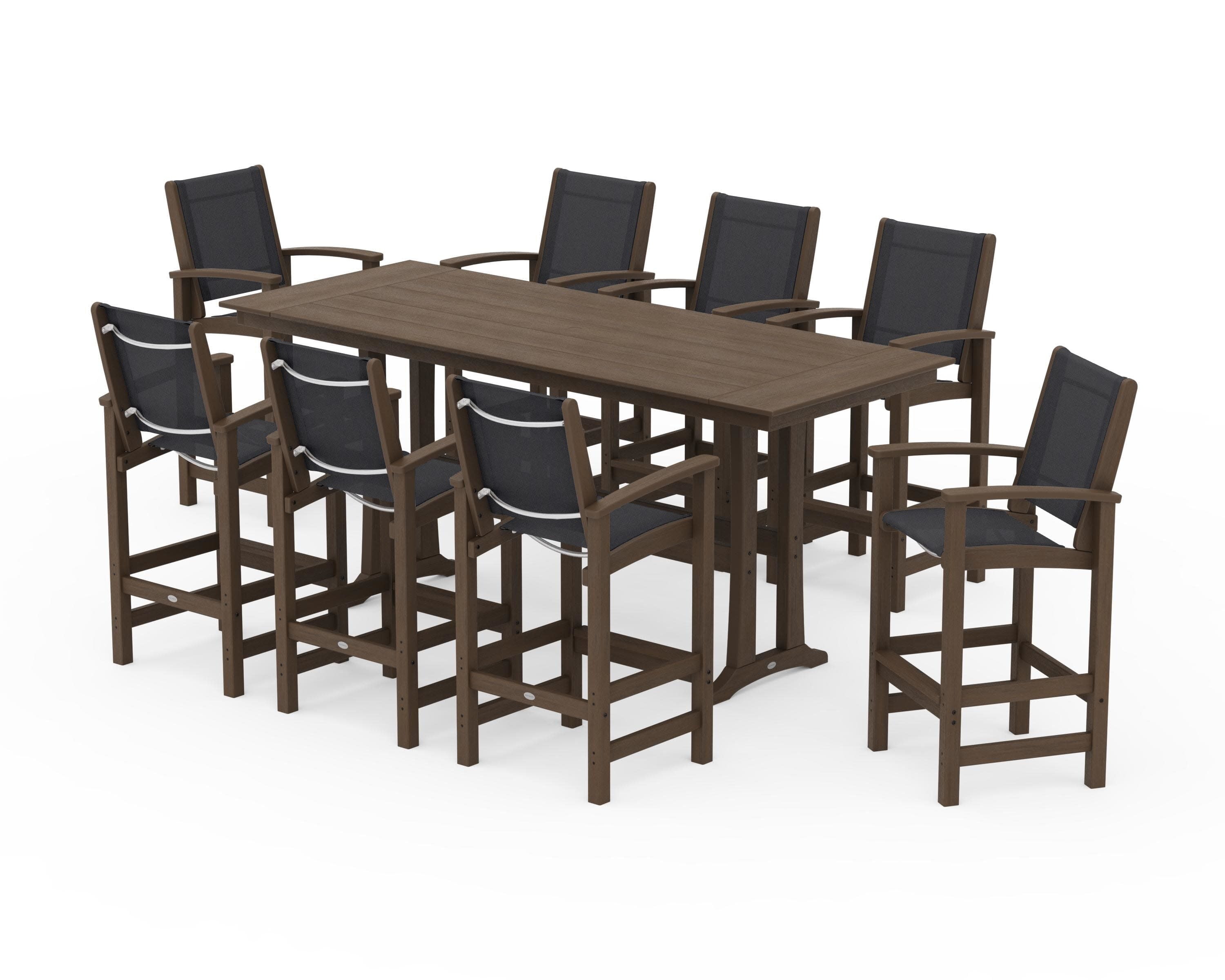 Coastal 9-Piece Farmhouse Bar Set with Trestle Legs in Kona / Black Sling