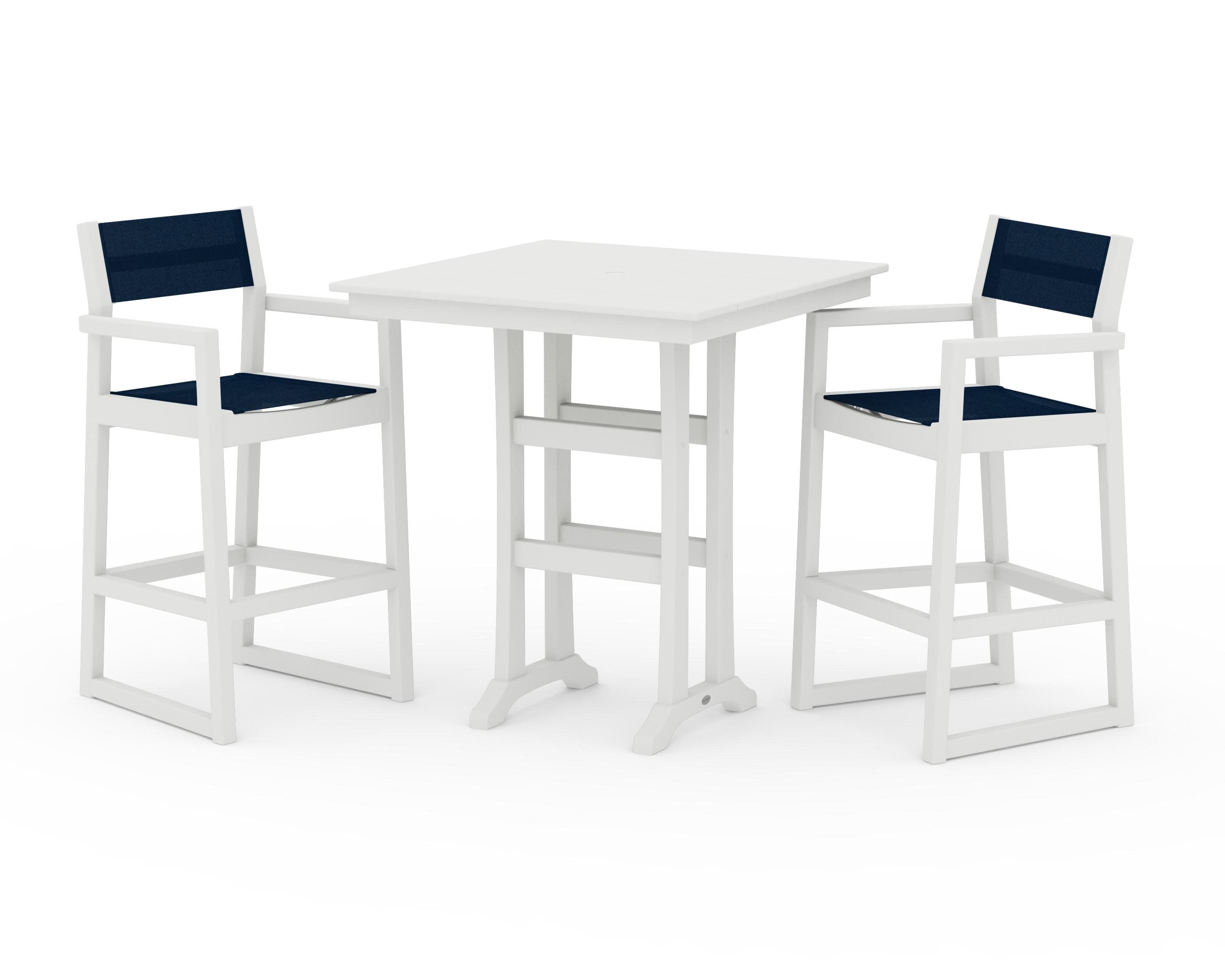 EDGE Sling Arm Chair 3-Piece Farmhouse Bar Set with Trestle Legs in Vintage White / Navy Blue Sling