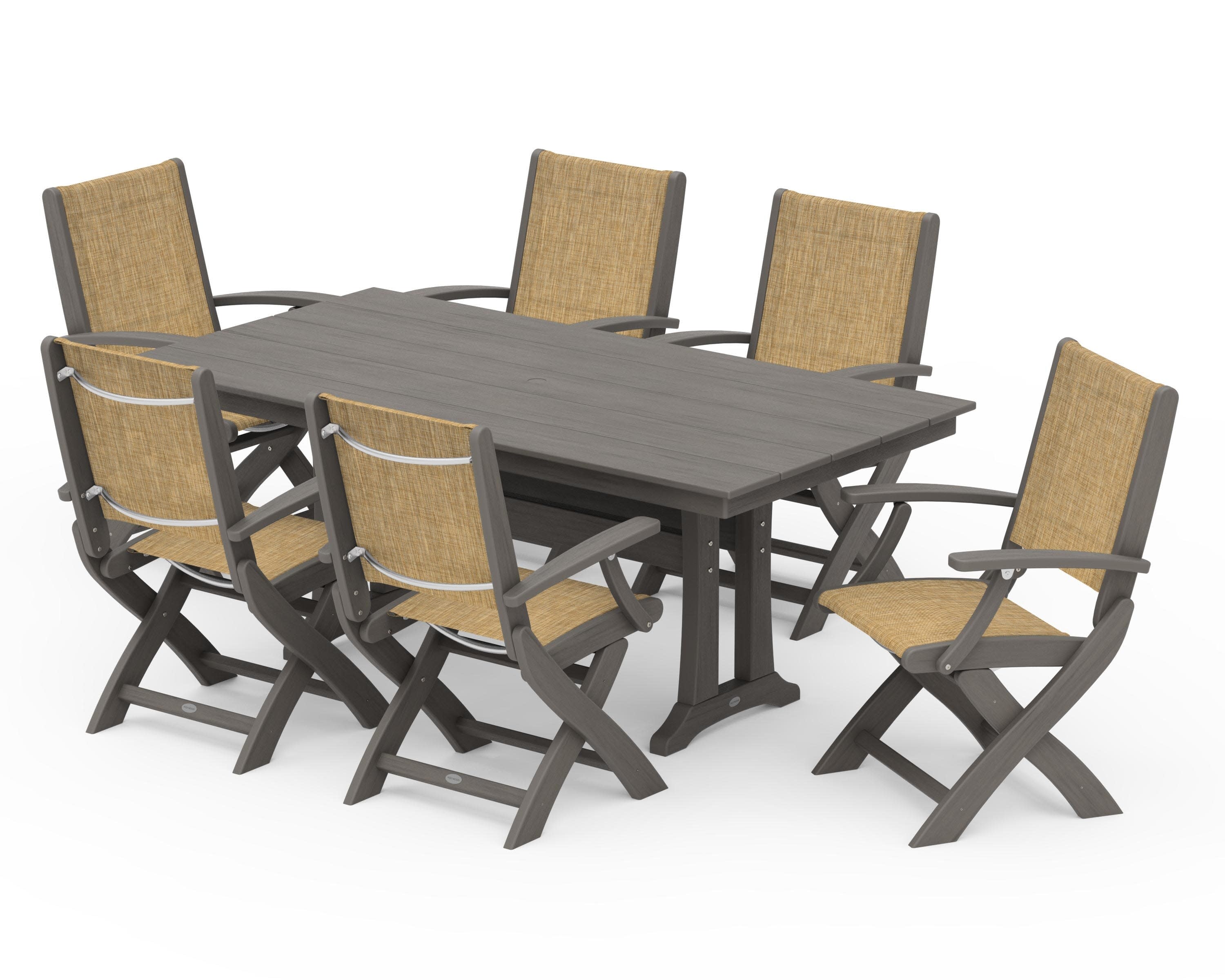 Coastal Folding Arm Chair 7-Piece Farmhouse Dining Set with Trestle Legs in Driftwood / Burlap Sling