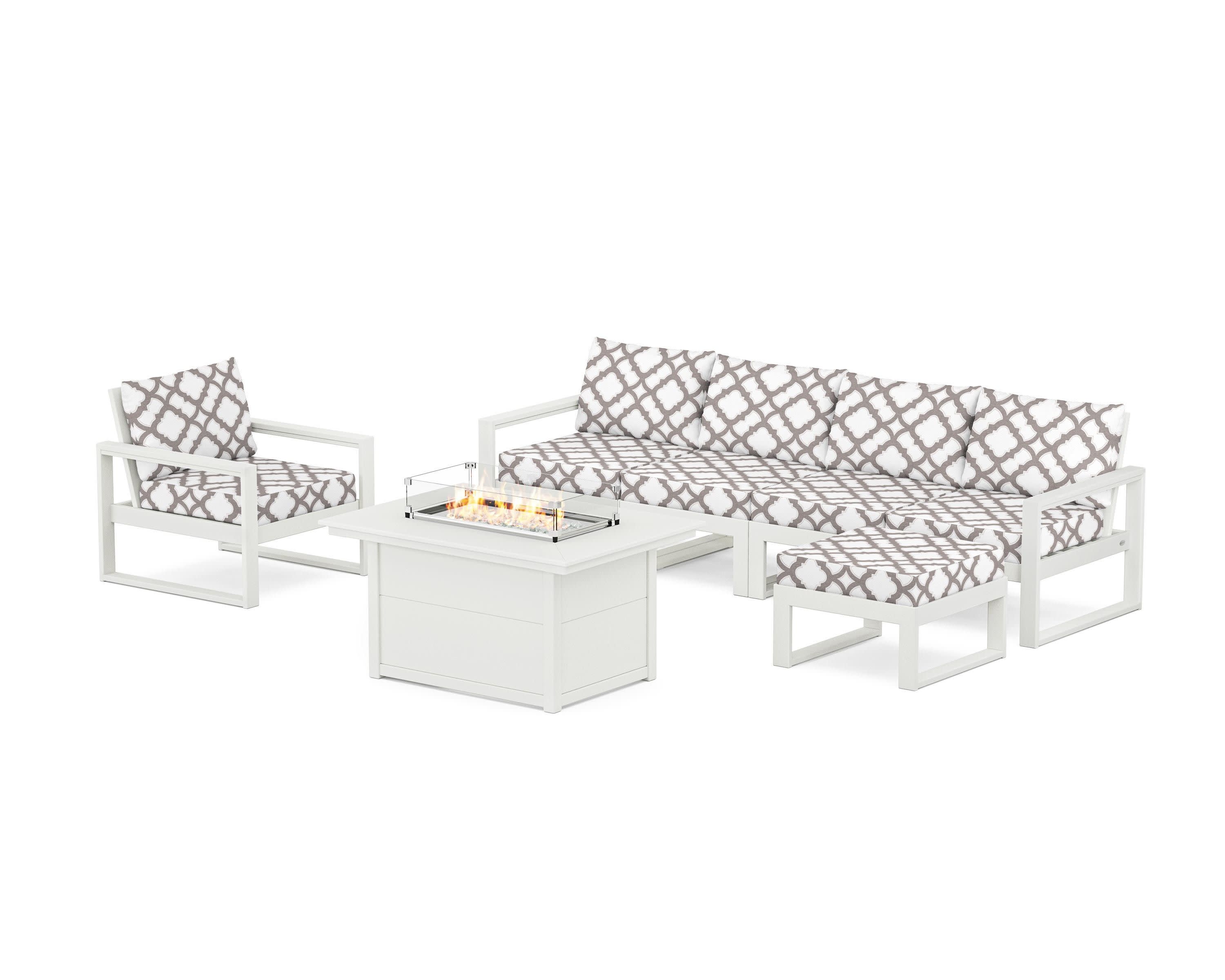 EDGE Sectional Lounge and Fire Pit Set in Vintage White / Trellis Grey Mist