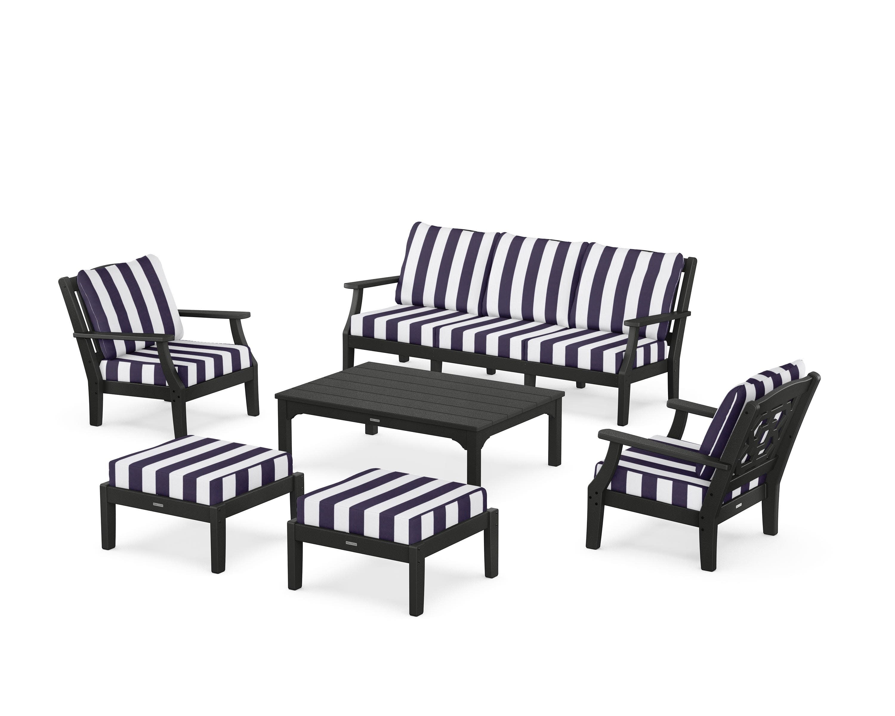 Chinoiserie 6-Piece Lounge Sofa Set in Black / Cabana Stripe Navy