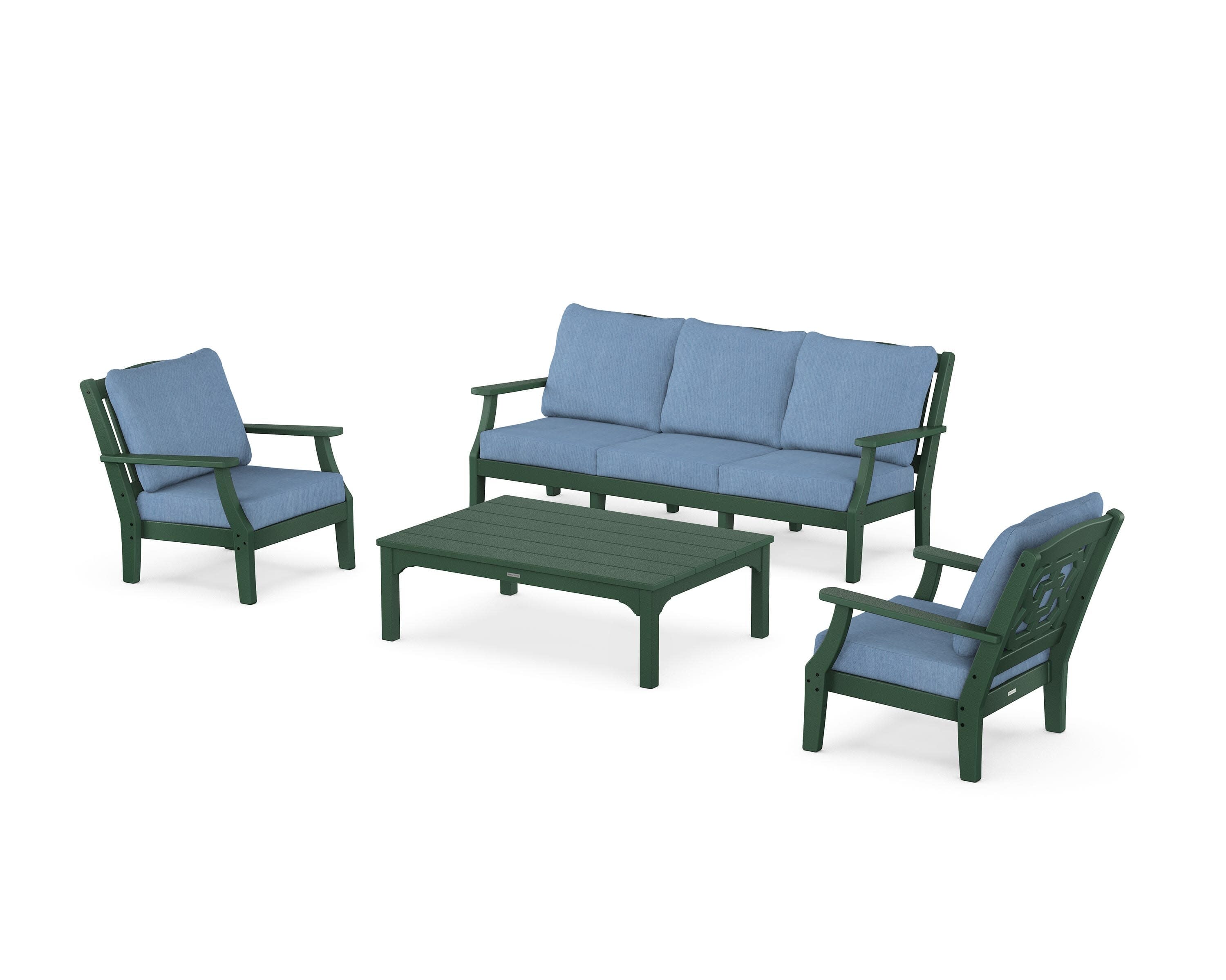 Chinoiserie 4-Piece Deep Seating Set with Sofa in Green / Sky Blue