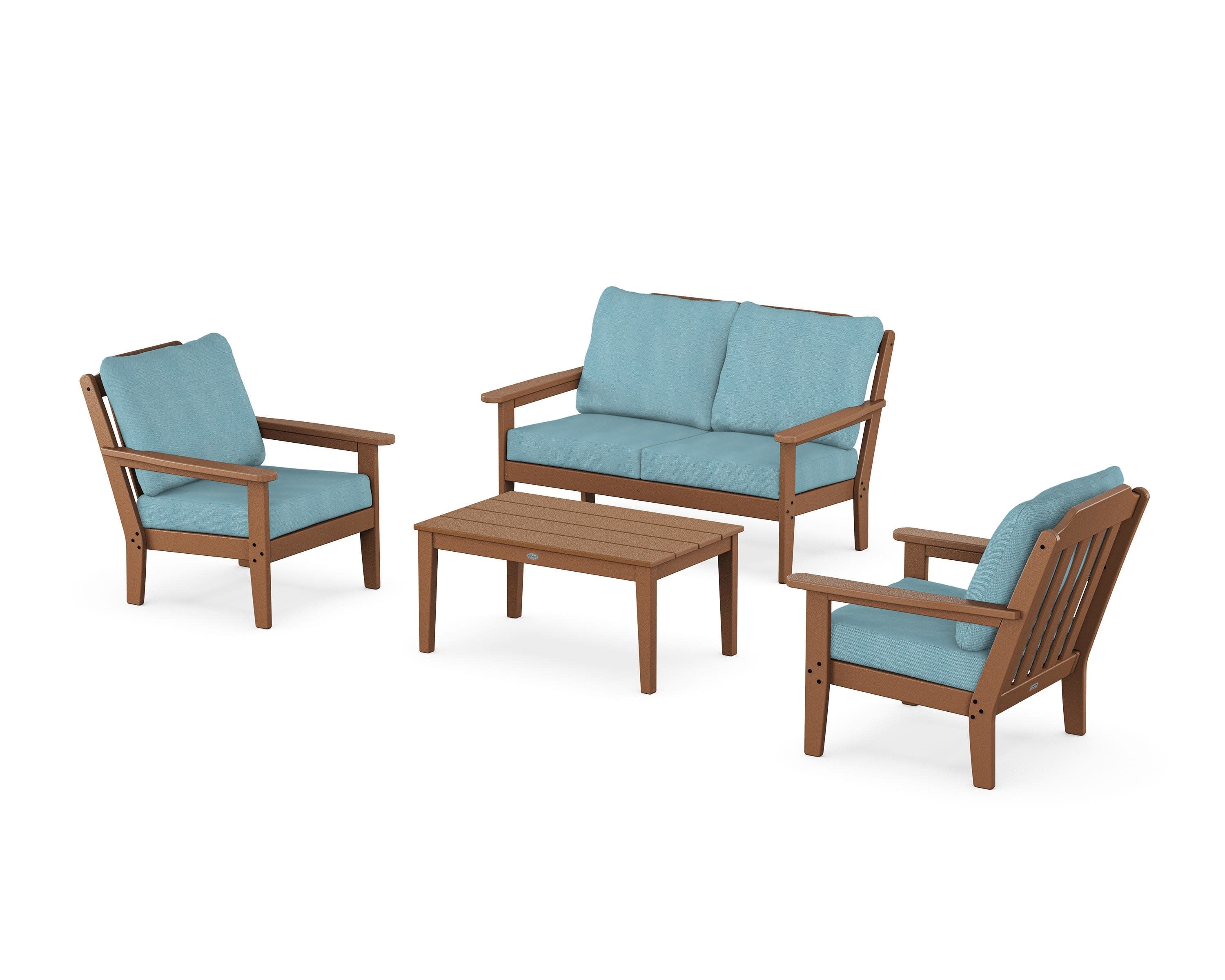Cottage 4-Piece Deep Seating Set with Loveseat in Teak / Lattice Sky Blue