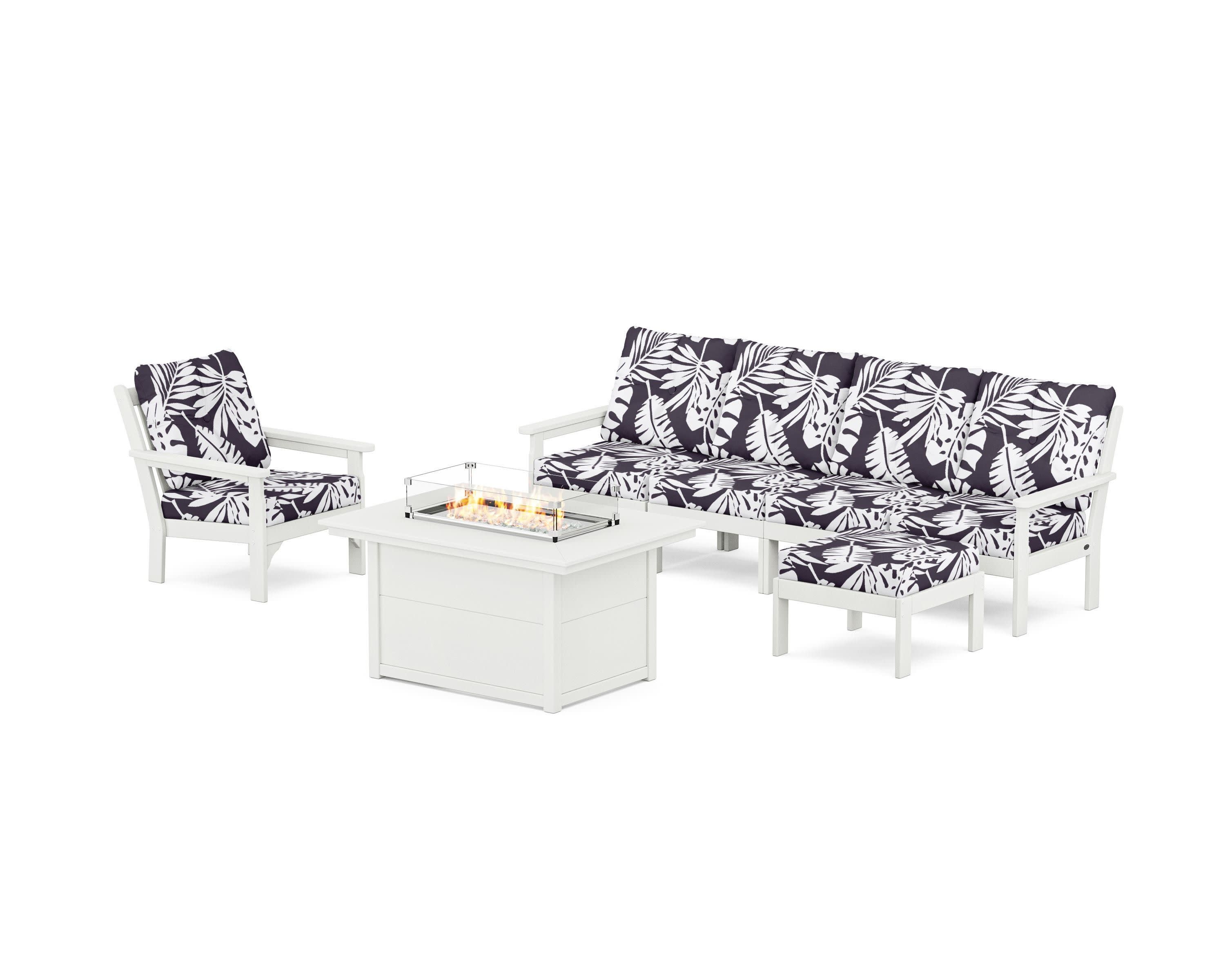 Vineyard Sectional Lounge and Fire Pit Set in Vintage White / Leaf Navy