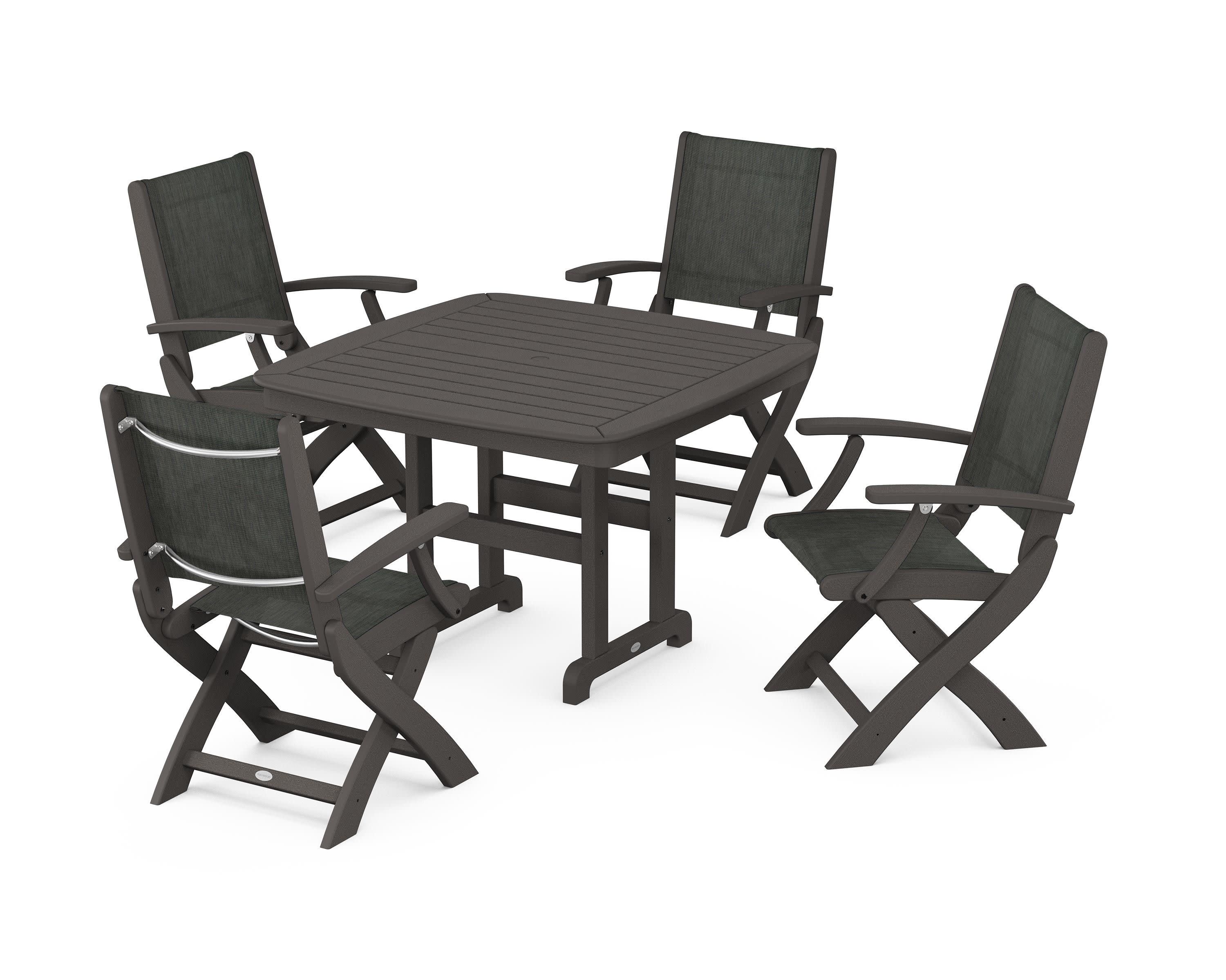 Coastal Folding Chair 5-Piece Dining Set in Vintage Coffee / Ember Sling