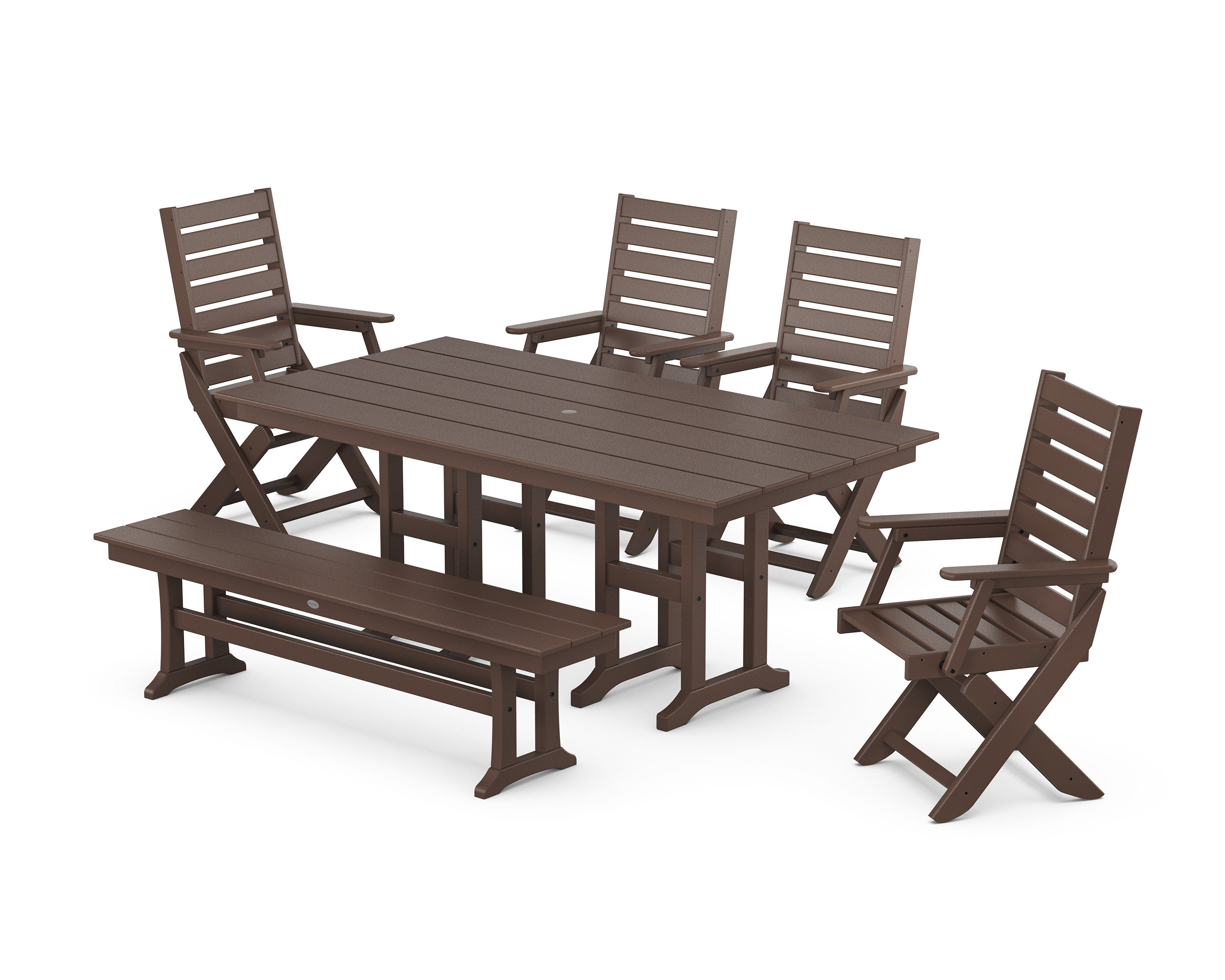 Captain Folding Chair 6-Piece Farmhouse Dining Set with Bench in Mahogany