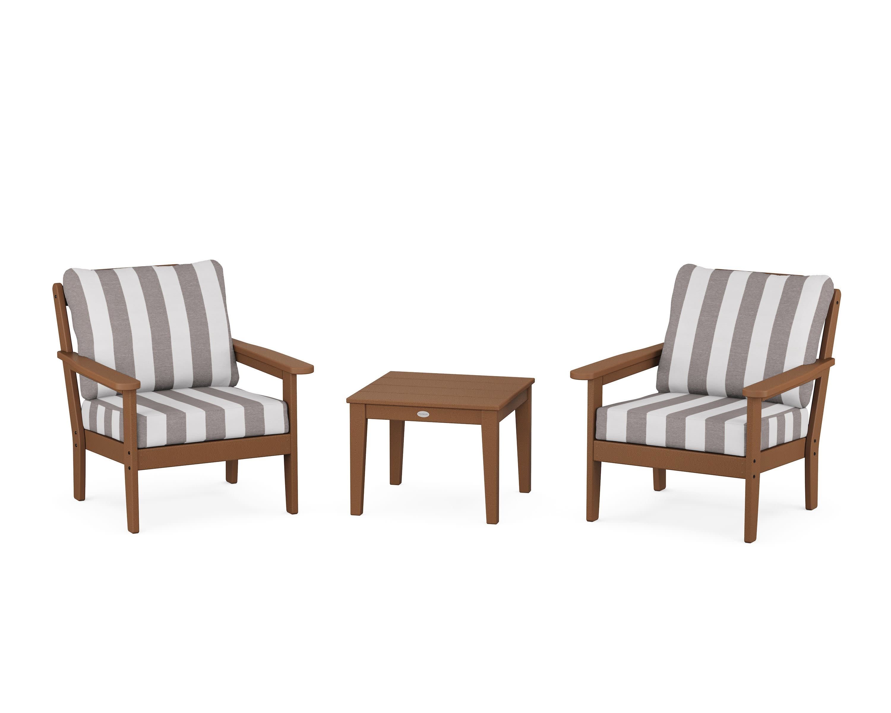 Cottage 3-Piece Deep Seating Set in Teak / Cabana Stripe Grey Mist