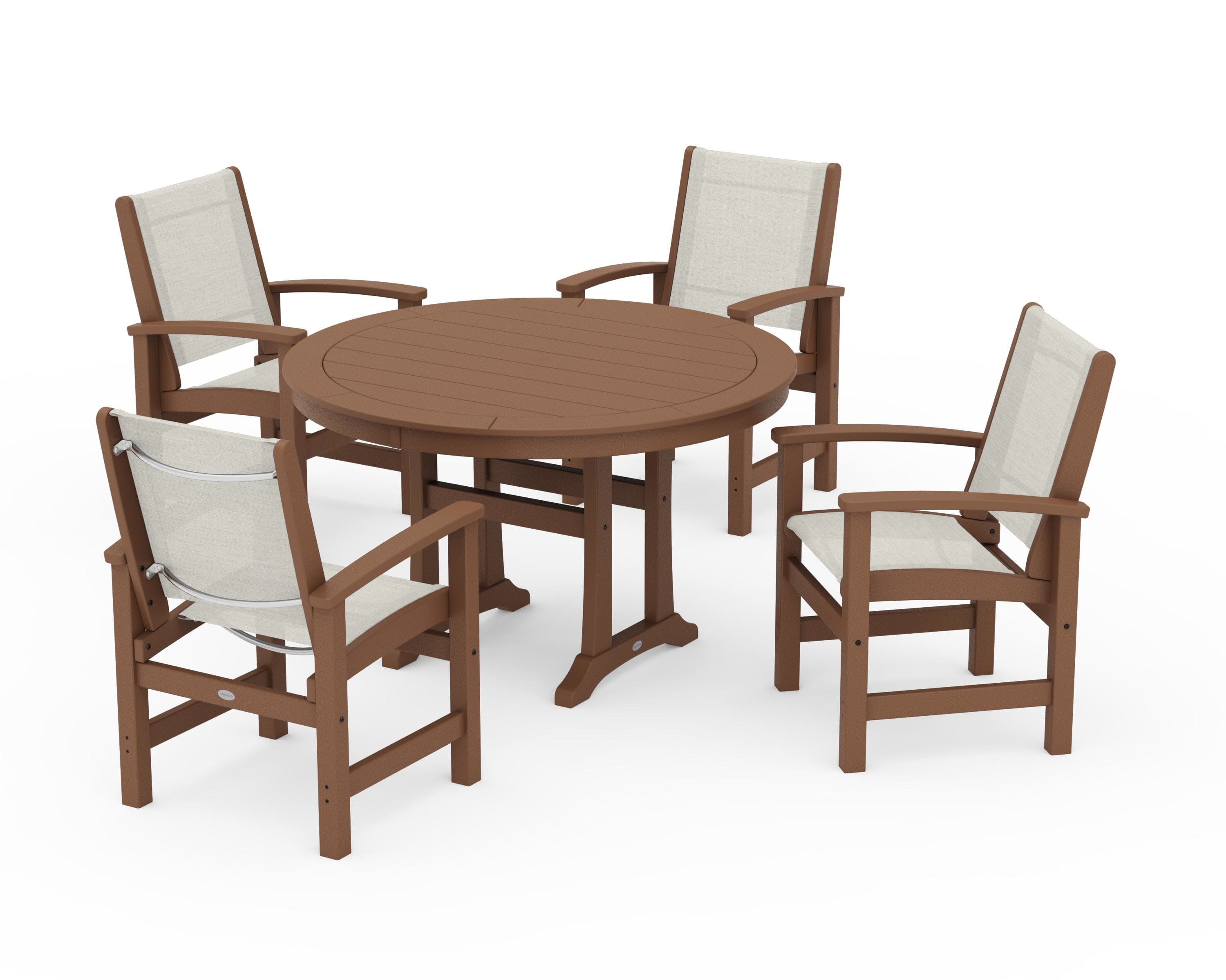 Coastal 5-Piece Round Dining Set with Trestle Legs in Teak / Parchment Sling