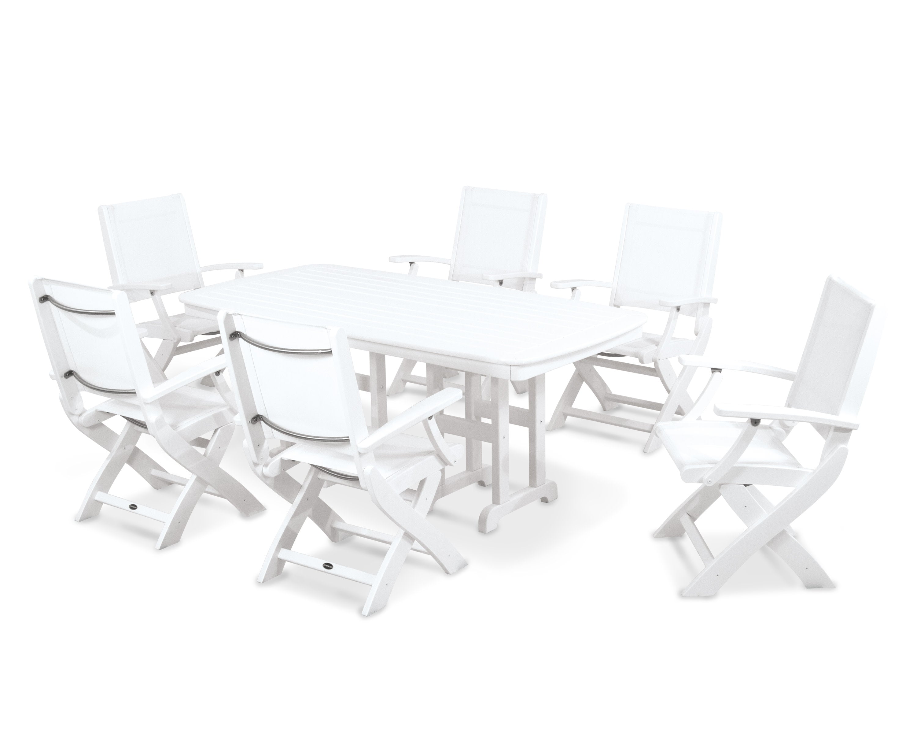 Coastal Folding Arm Chair 7-Piece Dining Set in White / White Sling