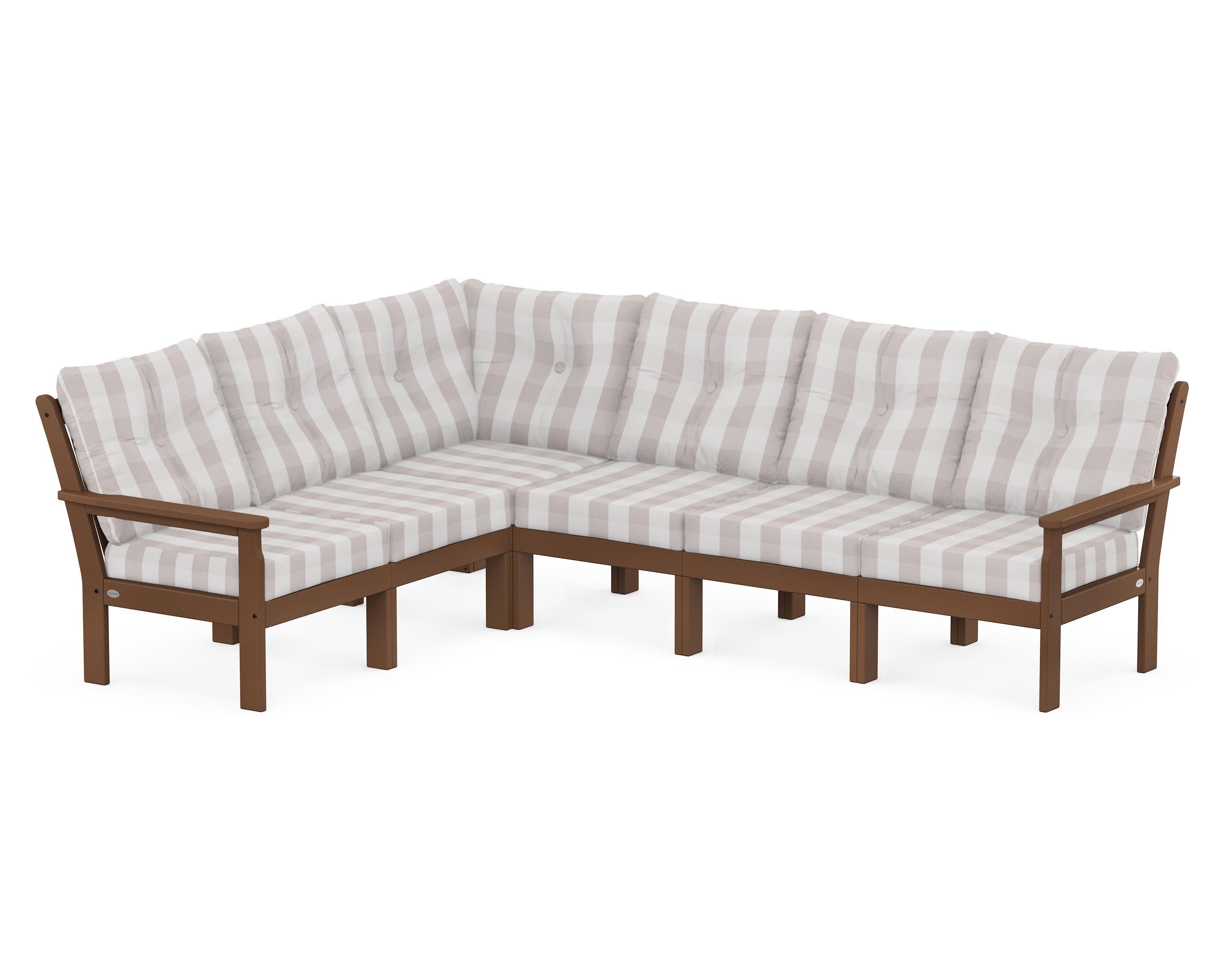Vineyard 6-Piece Sectional in Teak / Buffalo Plaid Dune Burlap