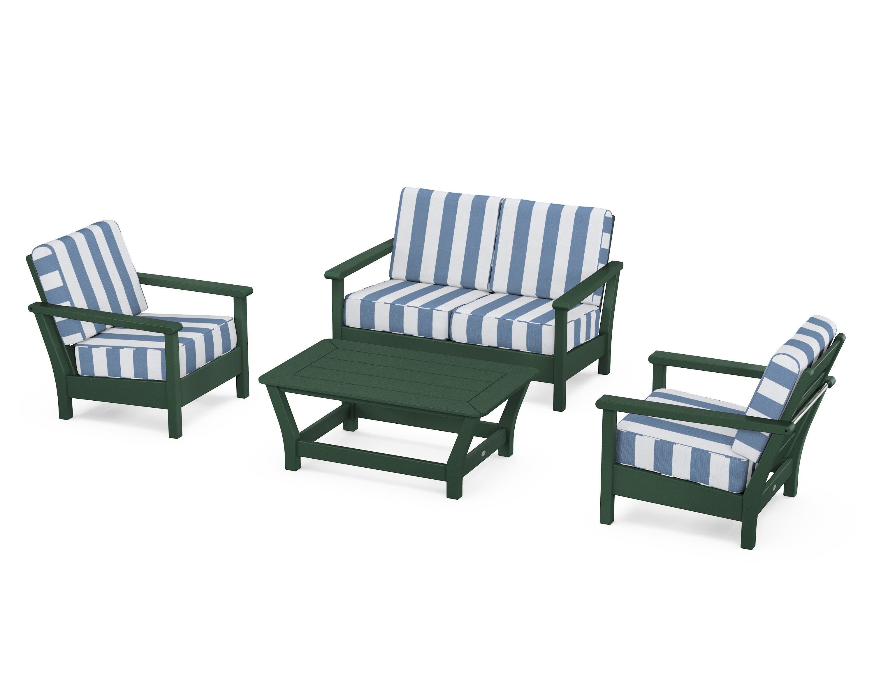 Harbour 4-Piece Deep Seating Set in Green / Cabana Stripe Sky Blue