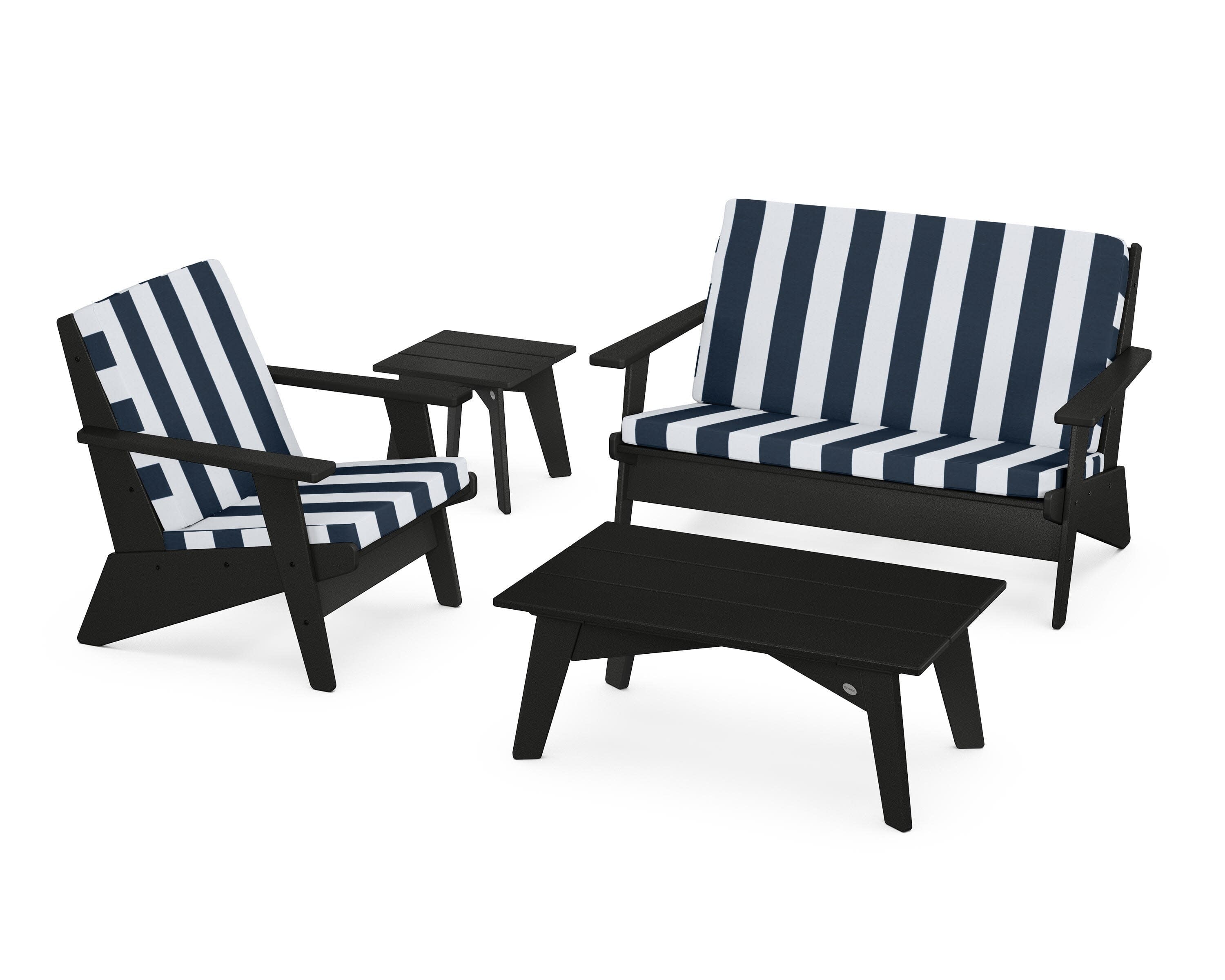 Riviera Modern Lounge 4-Piece Set in Black / Cabana Stripe Marine Indigo