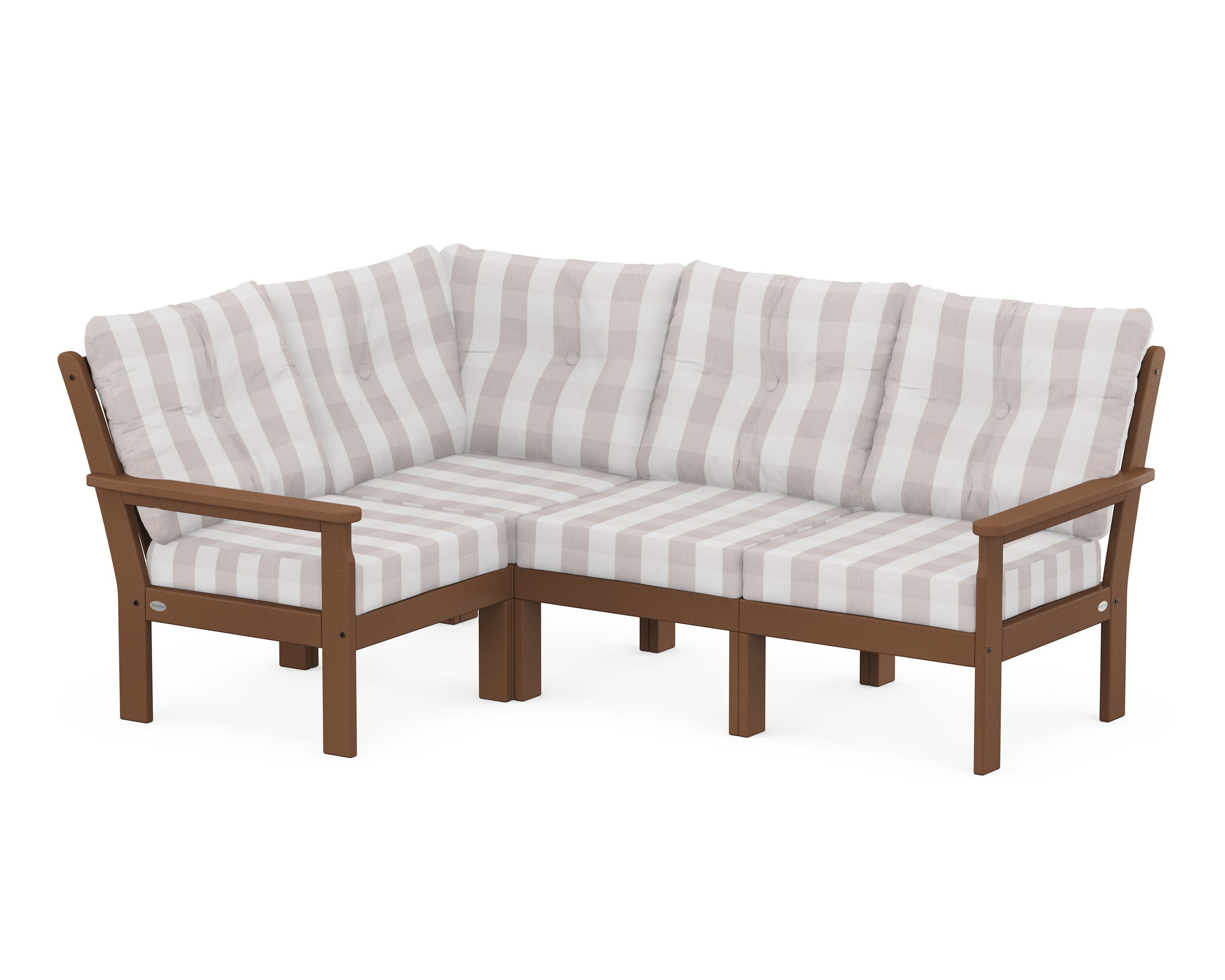 Vineyard 4-Piece Sectional in Teak / Buffalo Plaid Dune Burlap