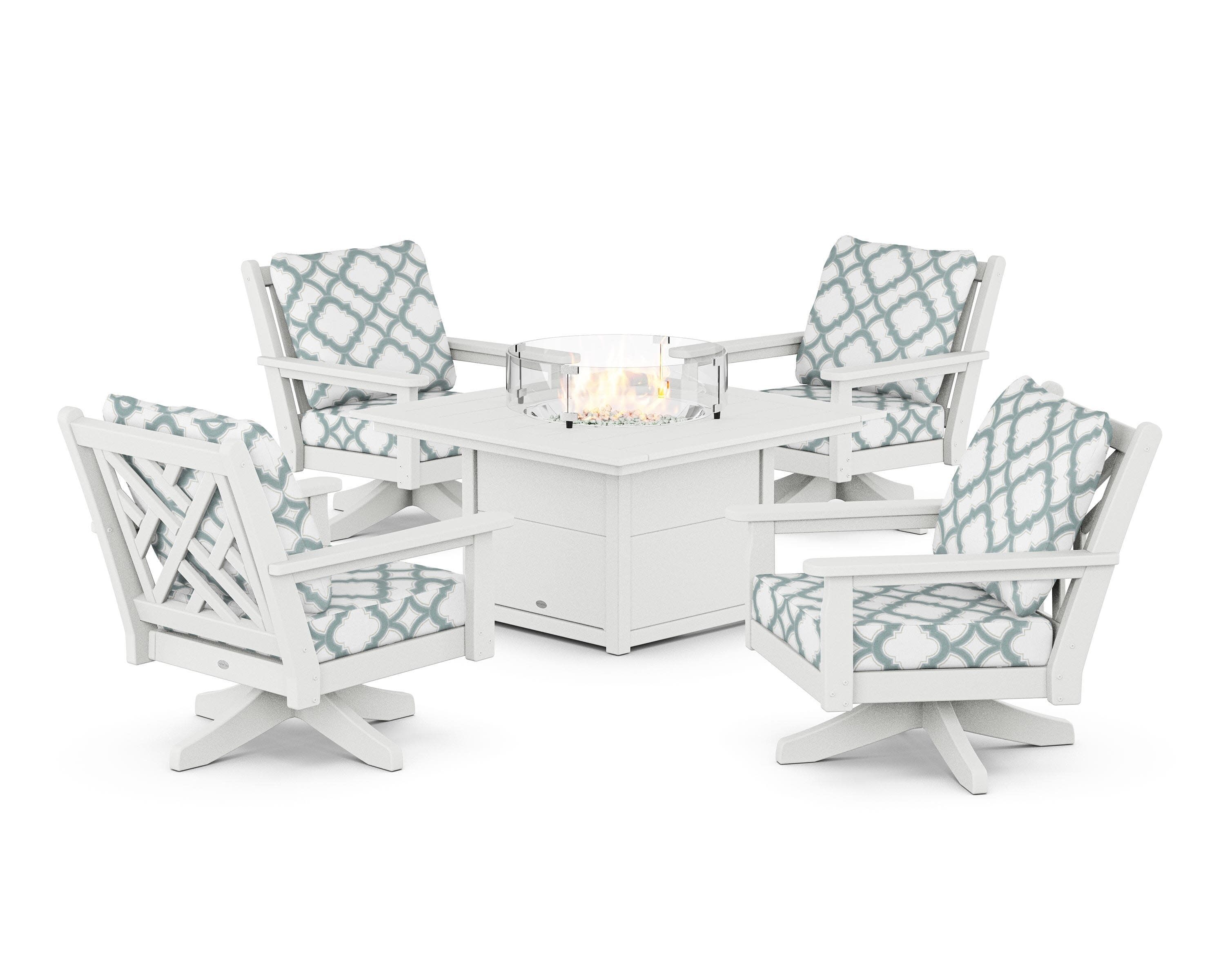 Chippendale 5-Piece Deep Seating Swivel Conversation Set with Fire Pit Table in White / Trellis Glacier Spa