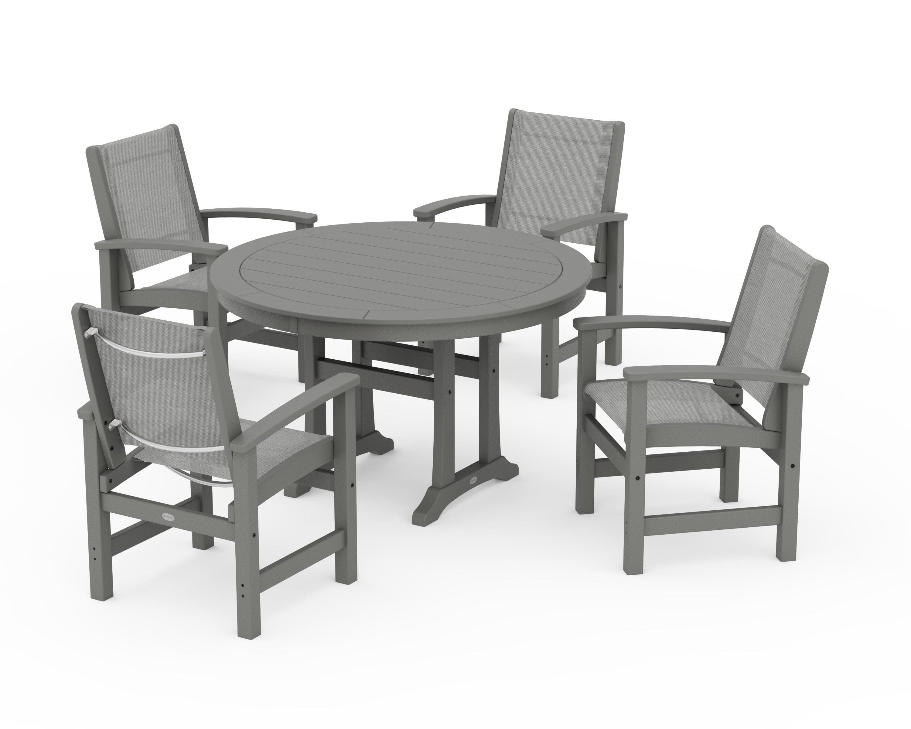 Coastal 5-Piece Round Dining Set with Trestle Legs in Slate Grey / Metallic Sling