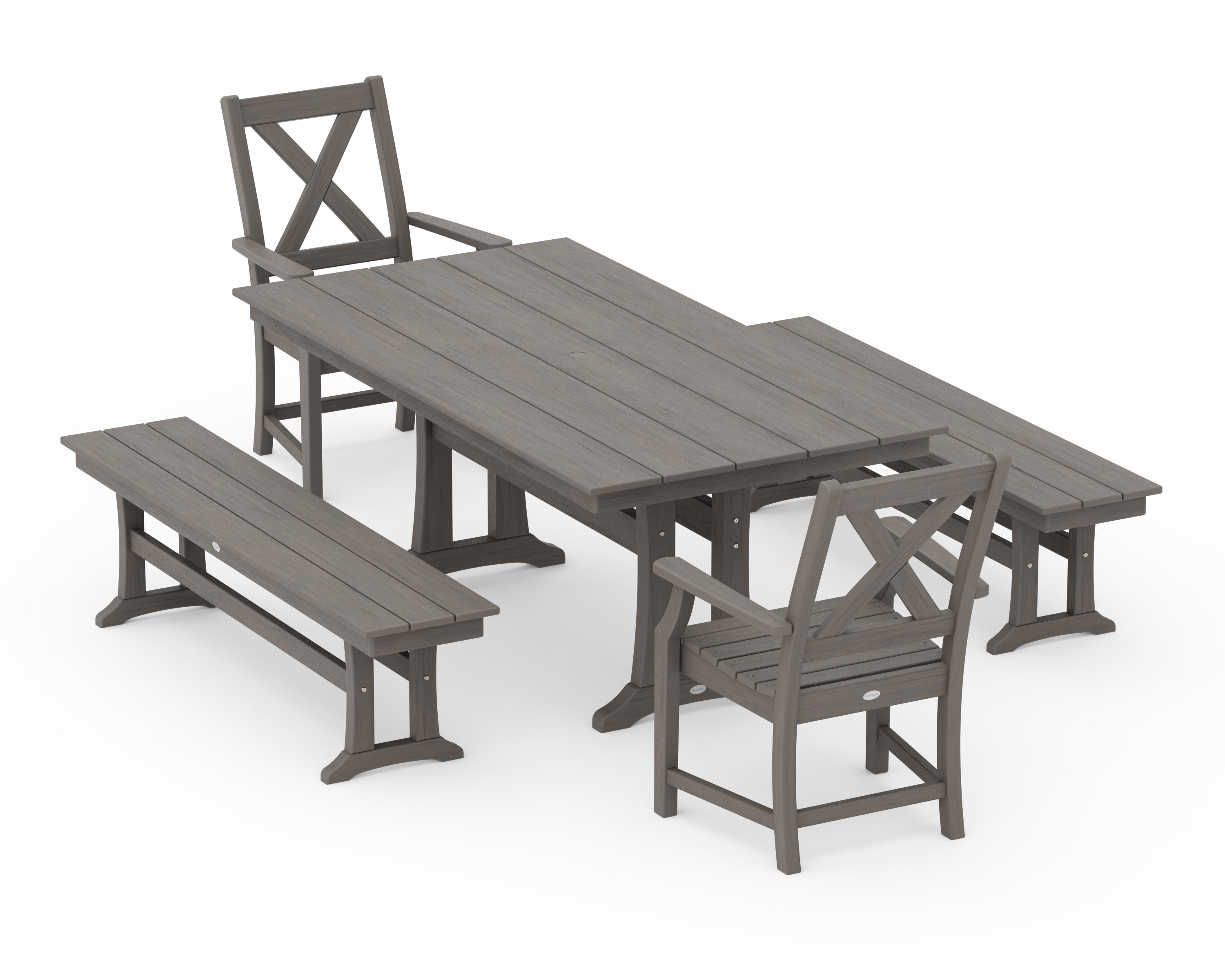 Braxton 5-Piece Farmhouse Dining Set With Trestle Legs in Driftwood