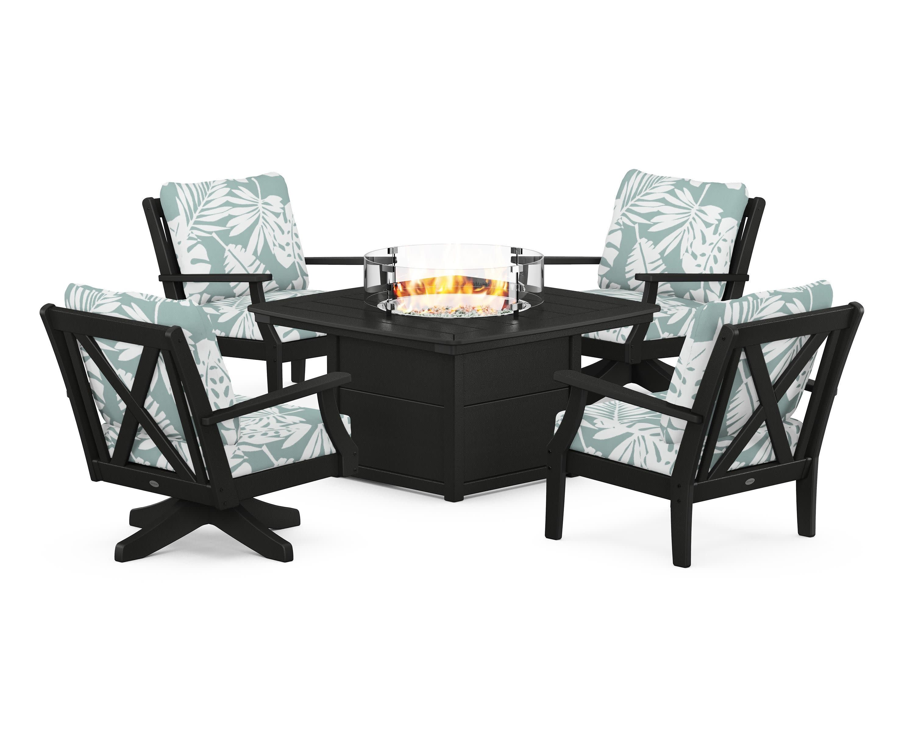 Braxton 5-Piece Deep Seating Set with Fire Table in Black / Leaf Glacier Spa