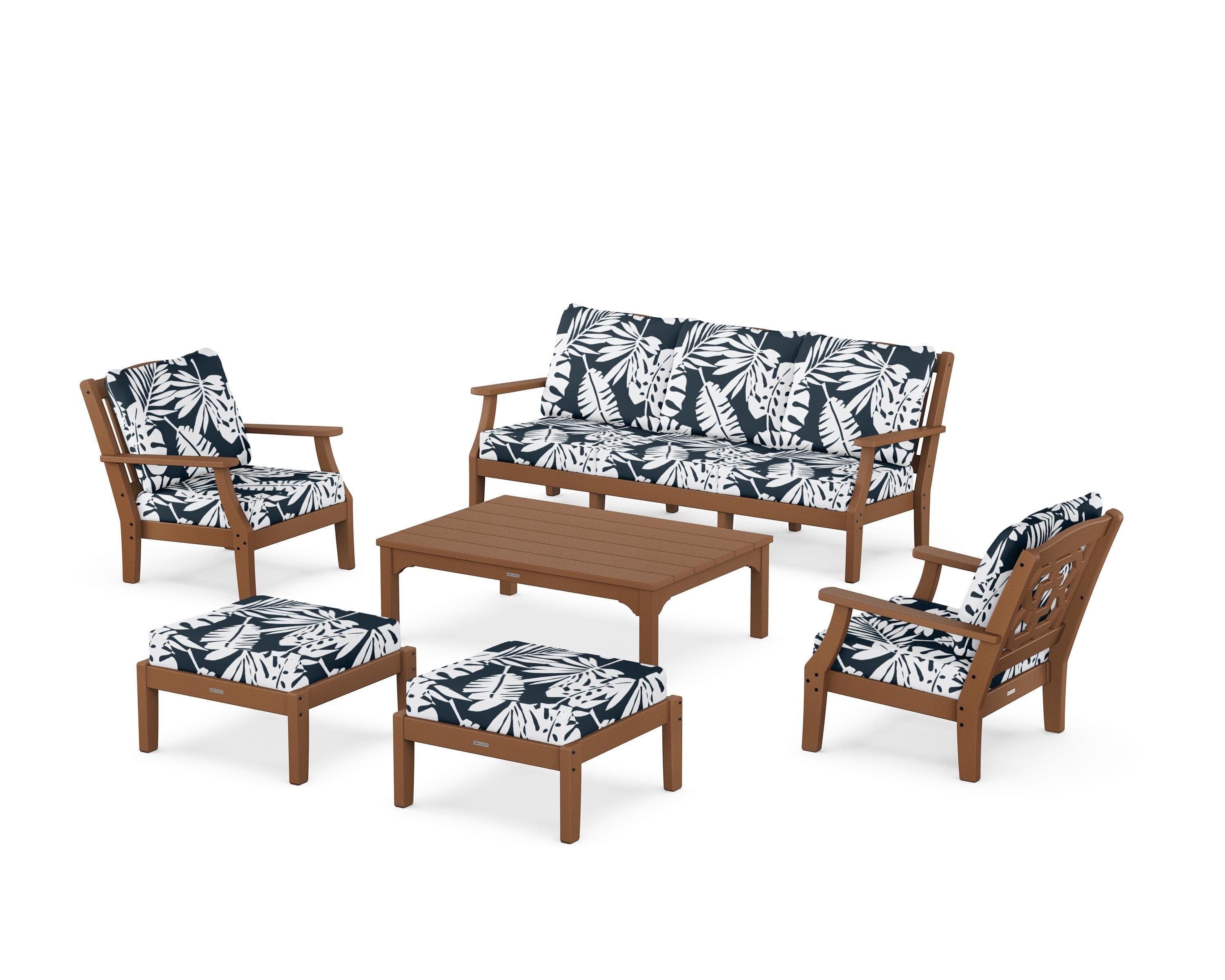 Chinoiserie 6-Piece Lounge Sofa Set in Teak / Leaf Marine Indigo