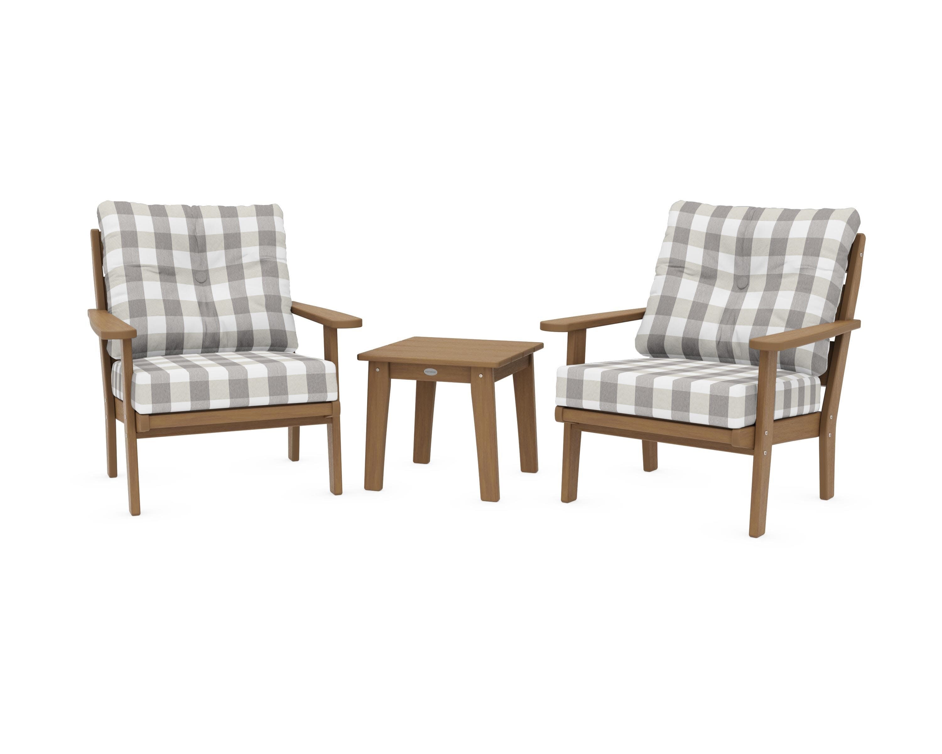 Lakeside 3-Piece Deep Seating Chair Set in Natural / Buffalo Plaid Grey Mist