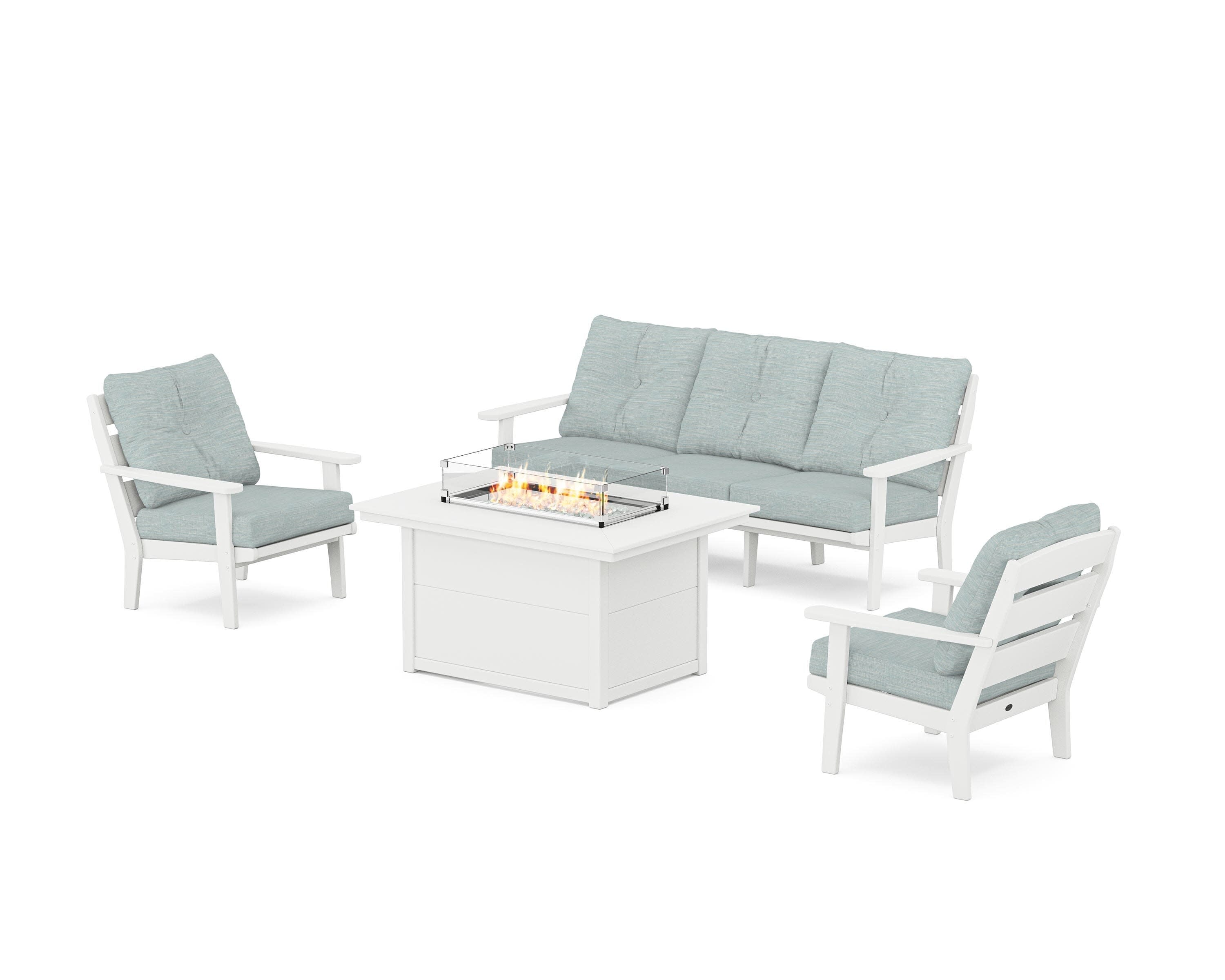 Lakeside Deep Seating Fire Pit Table Set in White / Soothe Mist