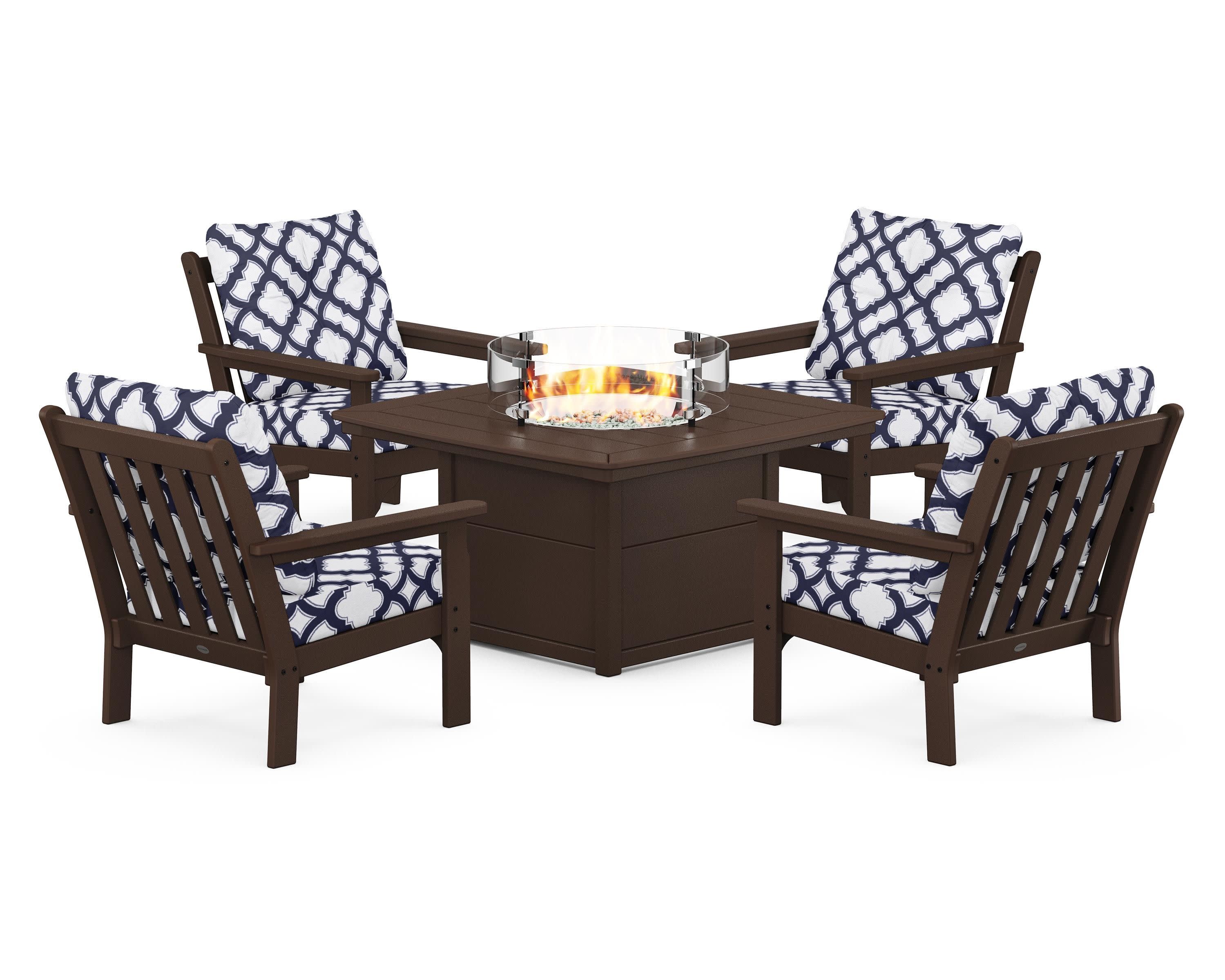 Vineyard 5-Piece Conversation Set with Fire Pit Table in Mahogany / Trellis Navy