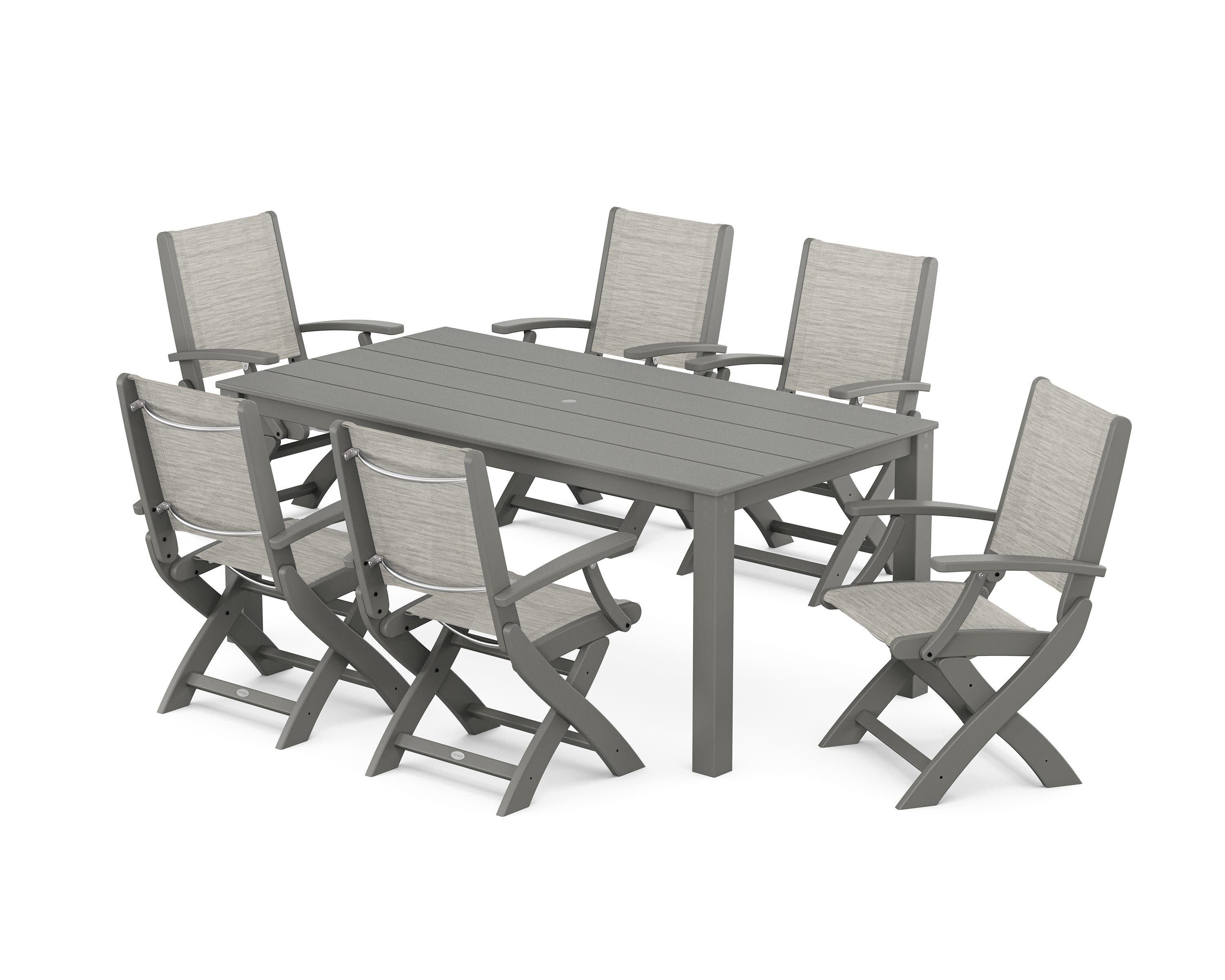 Coastal Folding Chair 7-Piece Parsons Dining Set in Slate Grey / Birch Sling