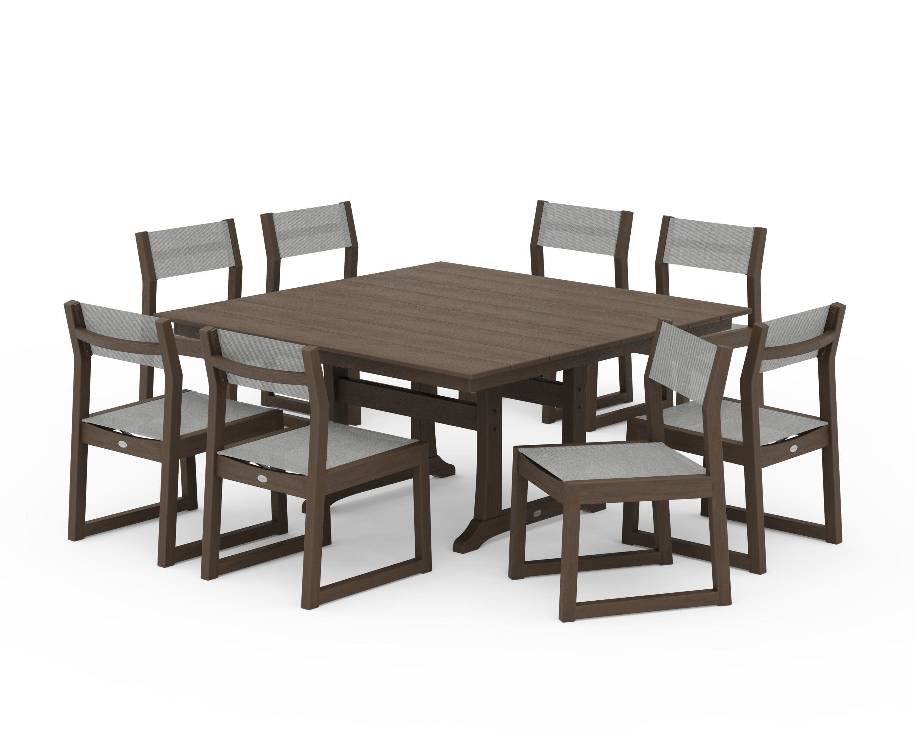 EDGE Sling Side Chair 9-Piece Farmhouse Trestle Dining Set in Kona / Metallic Sling