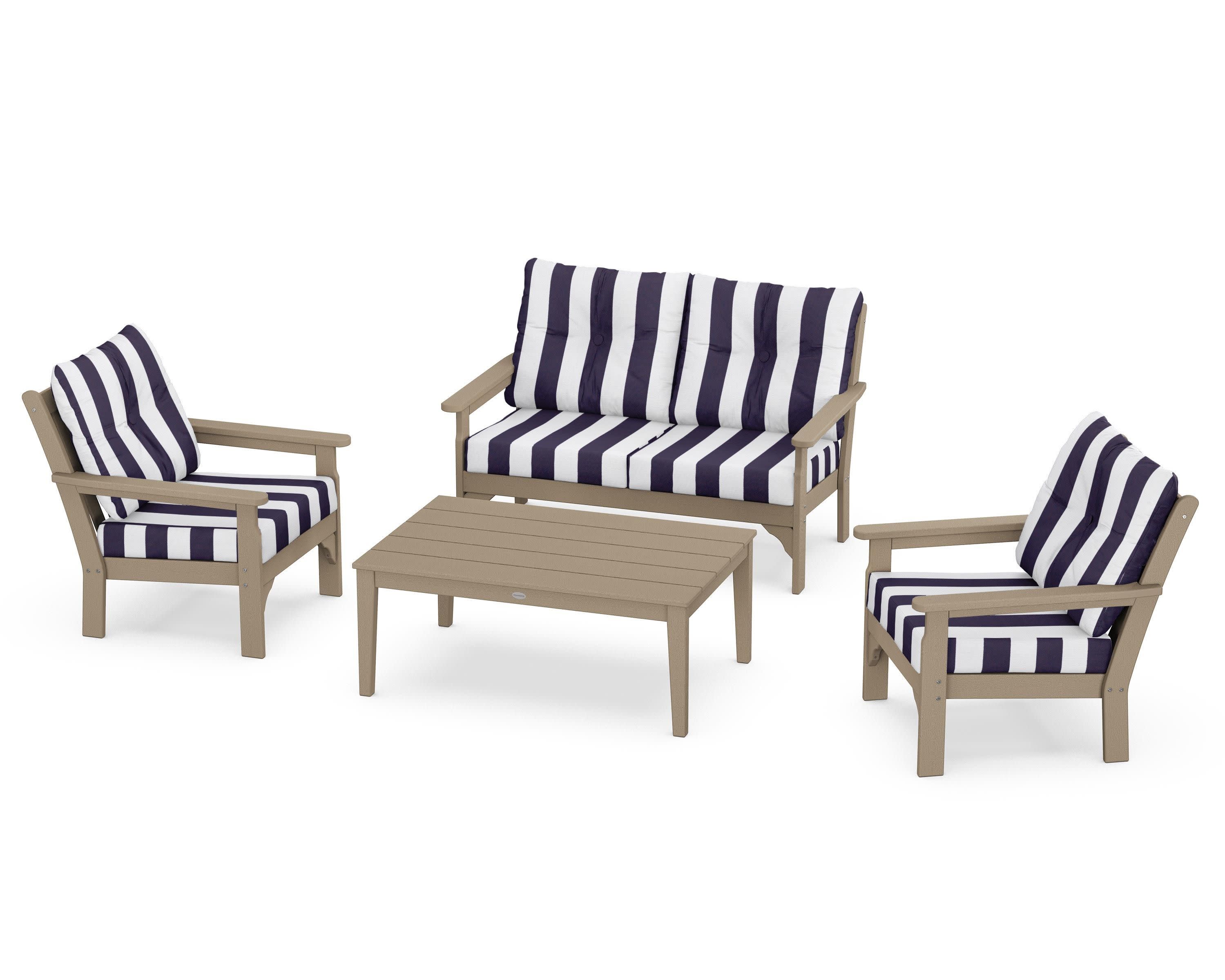 Vineyard 4-Piece Deep Seating Set in Vintage Sahara / Cabana Stripe Navy