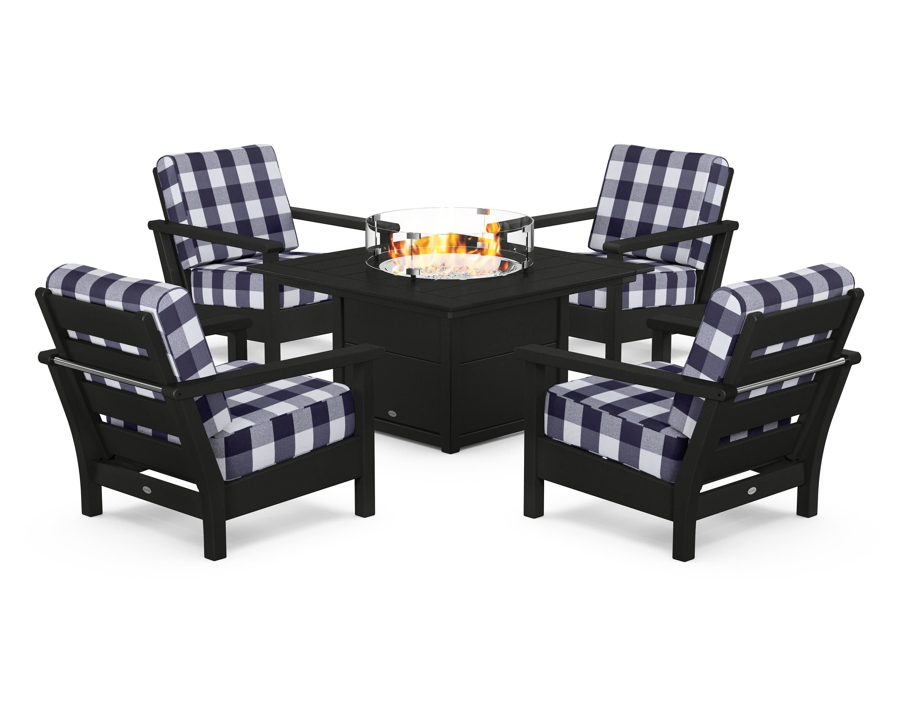 Harbour 5-Piece Conversation Set with Fire Pit Table in Black / Buffalo Plaid Navy