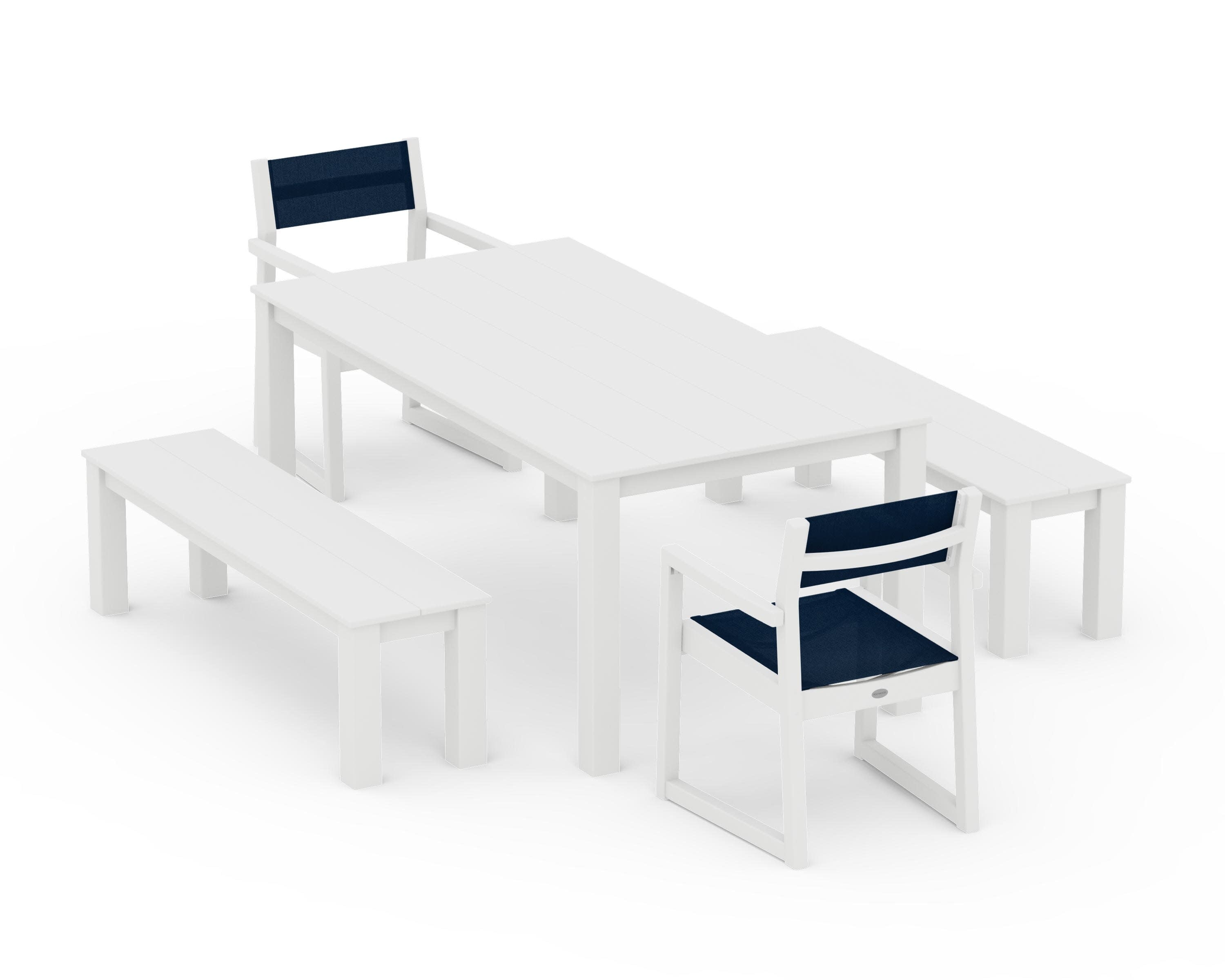 EDGE Sling Arm Chair 5-Piece Parsons Dining Set with Benches in White / Navy Blue Sling