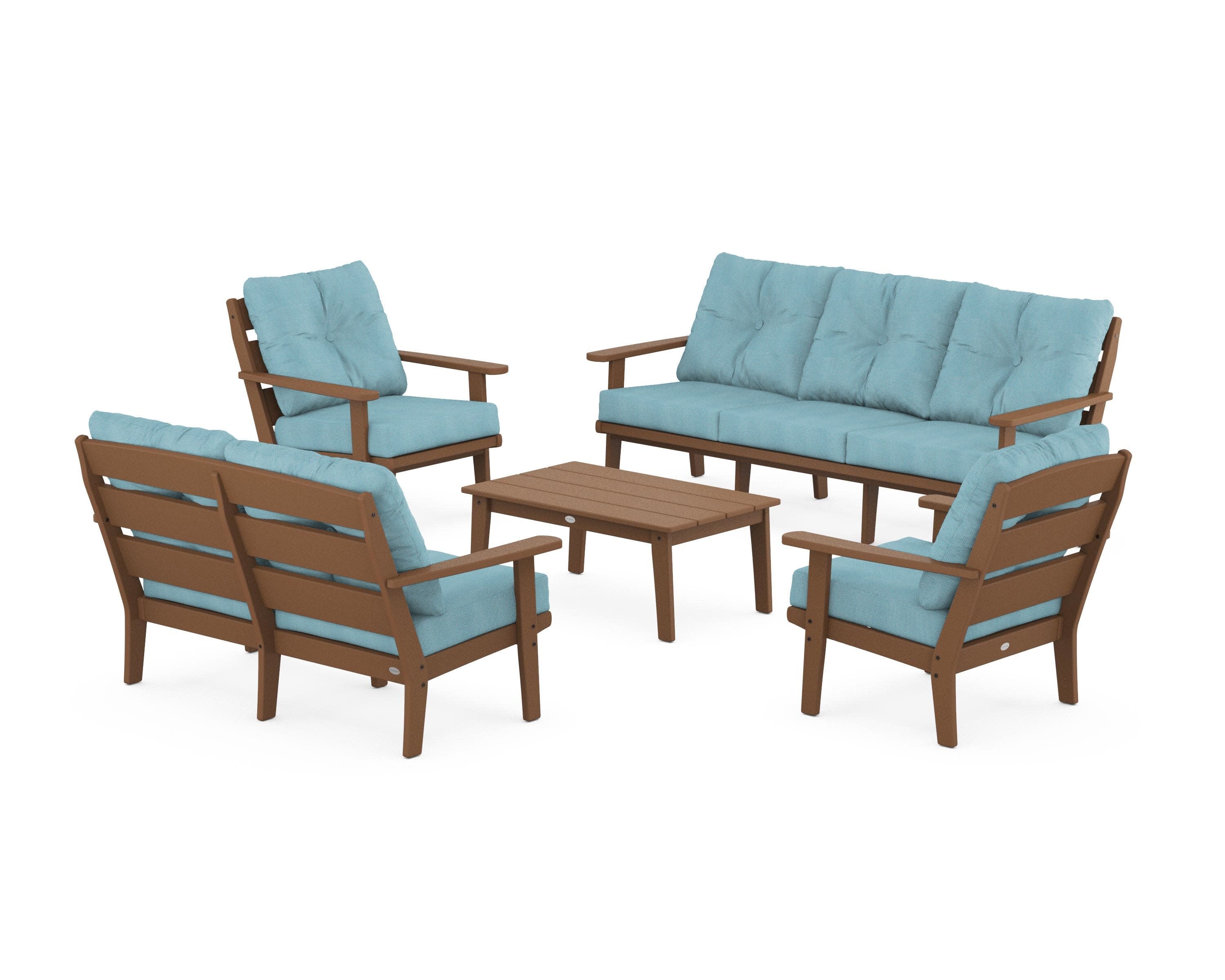 Lakeside 5-Piece Lounge Sofa Set in Teak / Lattice Sky Blue