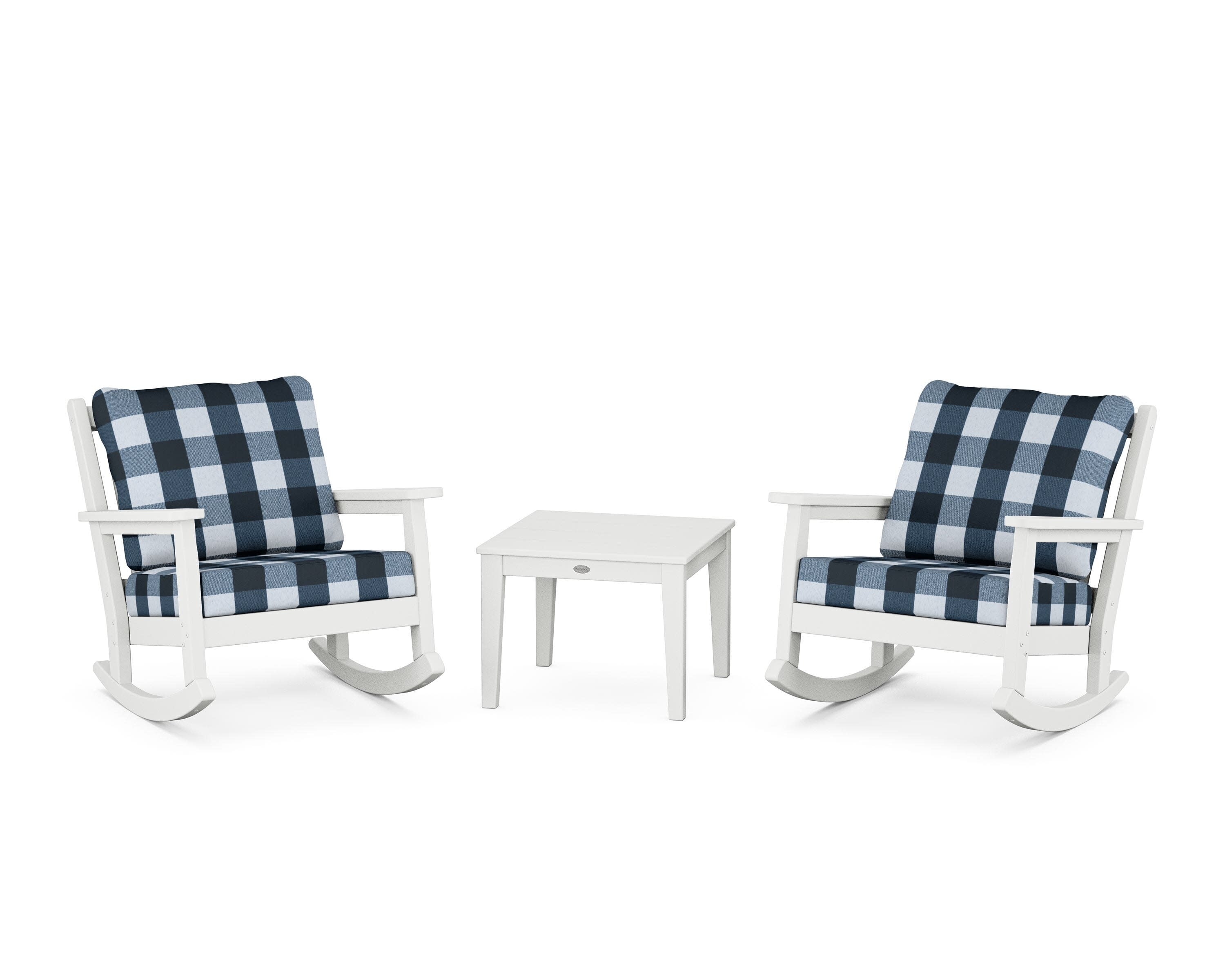 Chippendale 3-Piece Deep Seating Rocker Set in White / Buffalo Plaid Marine Indigo