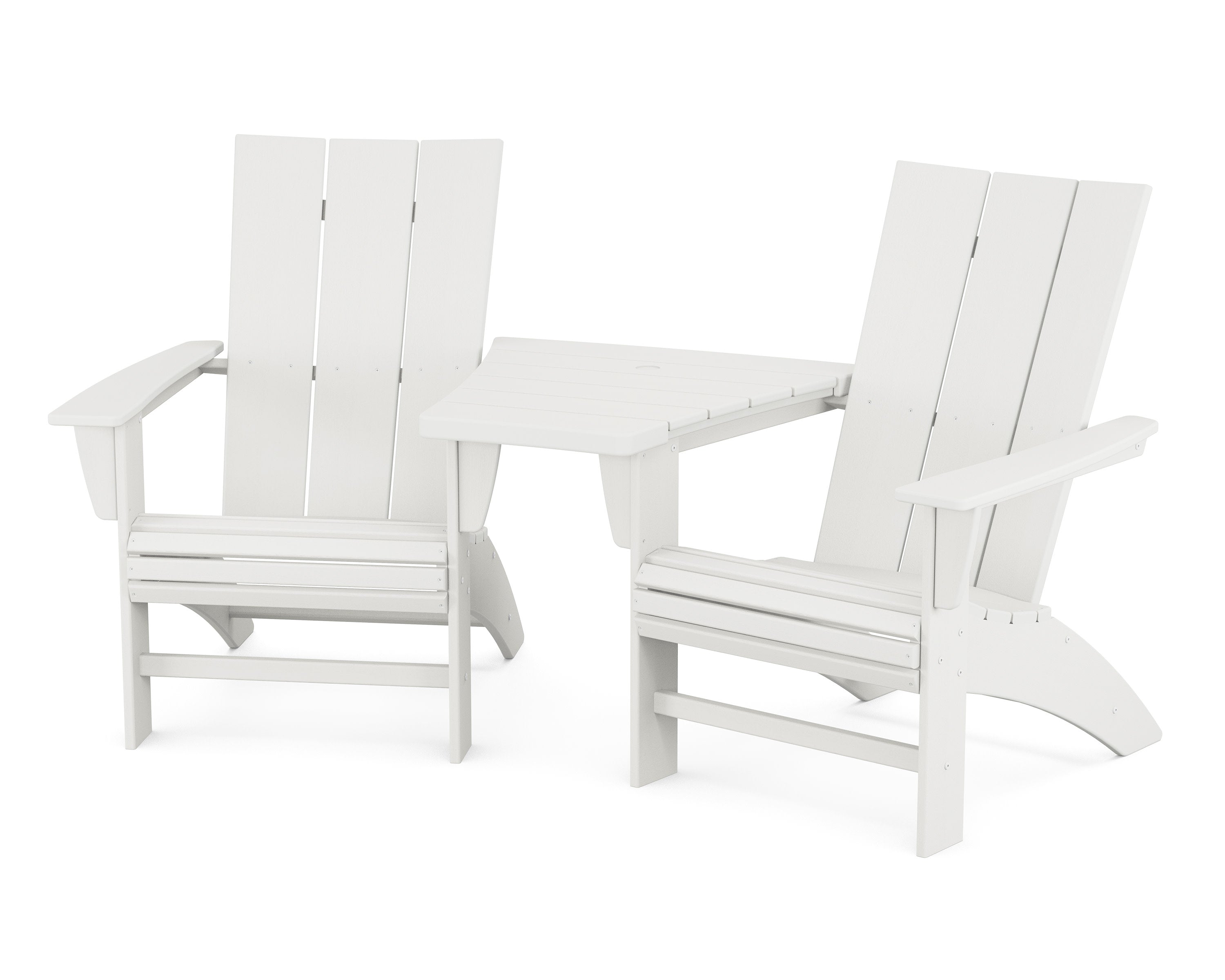 Modern 3-Piece Curveback Adirondack Set with Angled Connecting Table in Vintage White