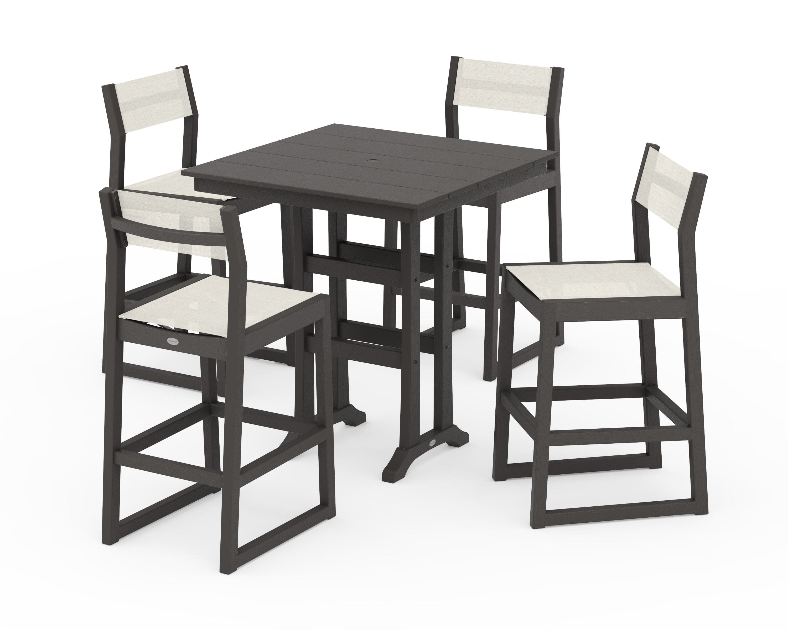 EDGE Sling Arm Chair 5-Piece Farmhouse Bar Set with Trestle Legs in Vintage Coffee / Parchment Sling