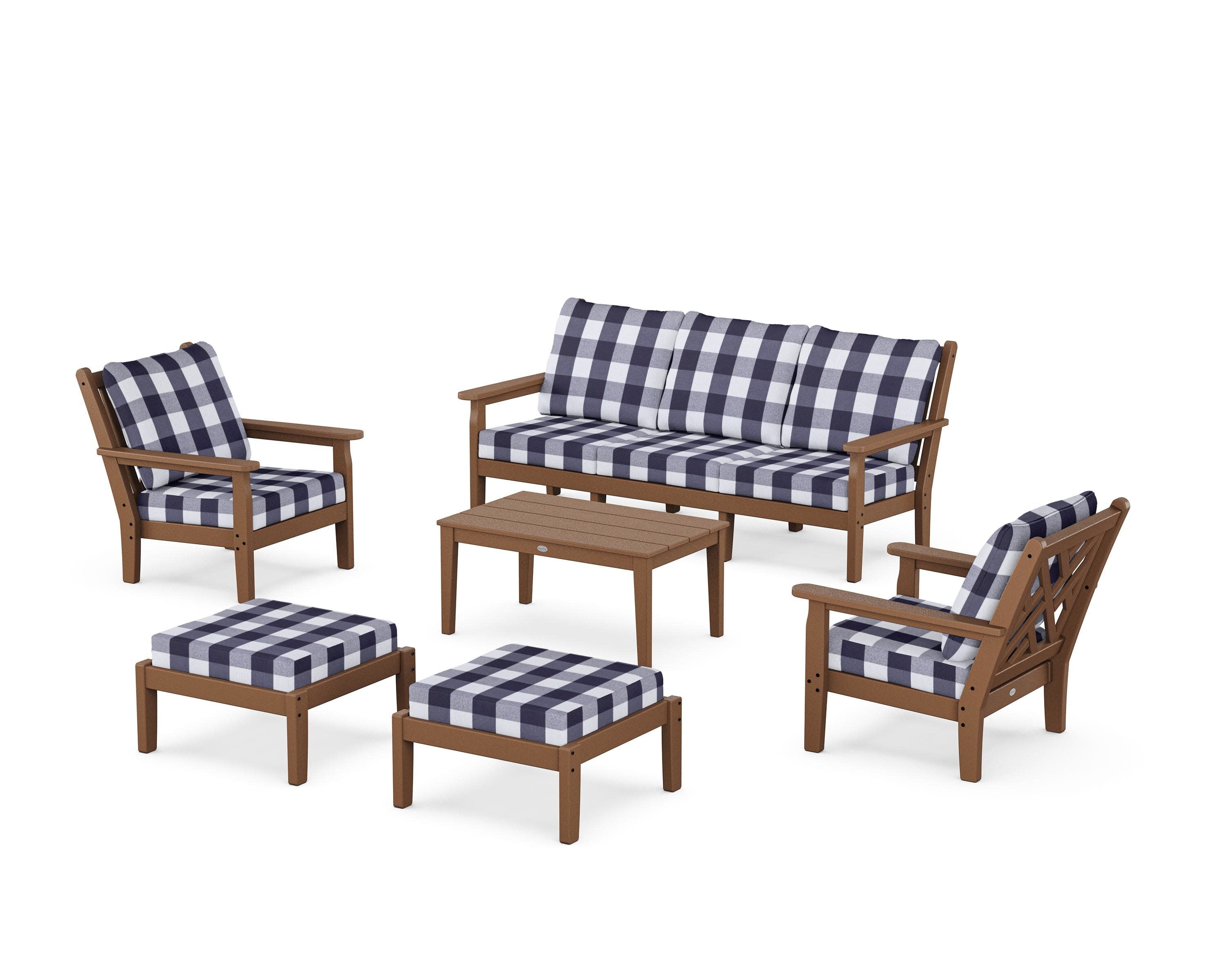 Chippendale 6-Piece Lounge Sofa Set in Teak / Buffalo Plaid Navy