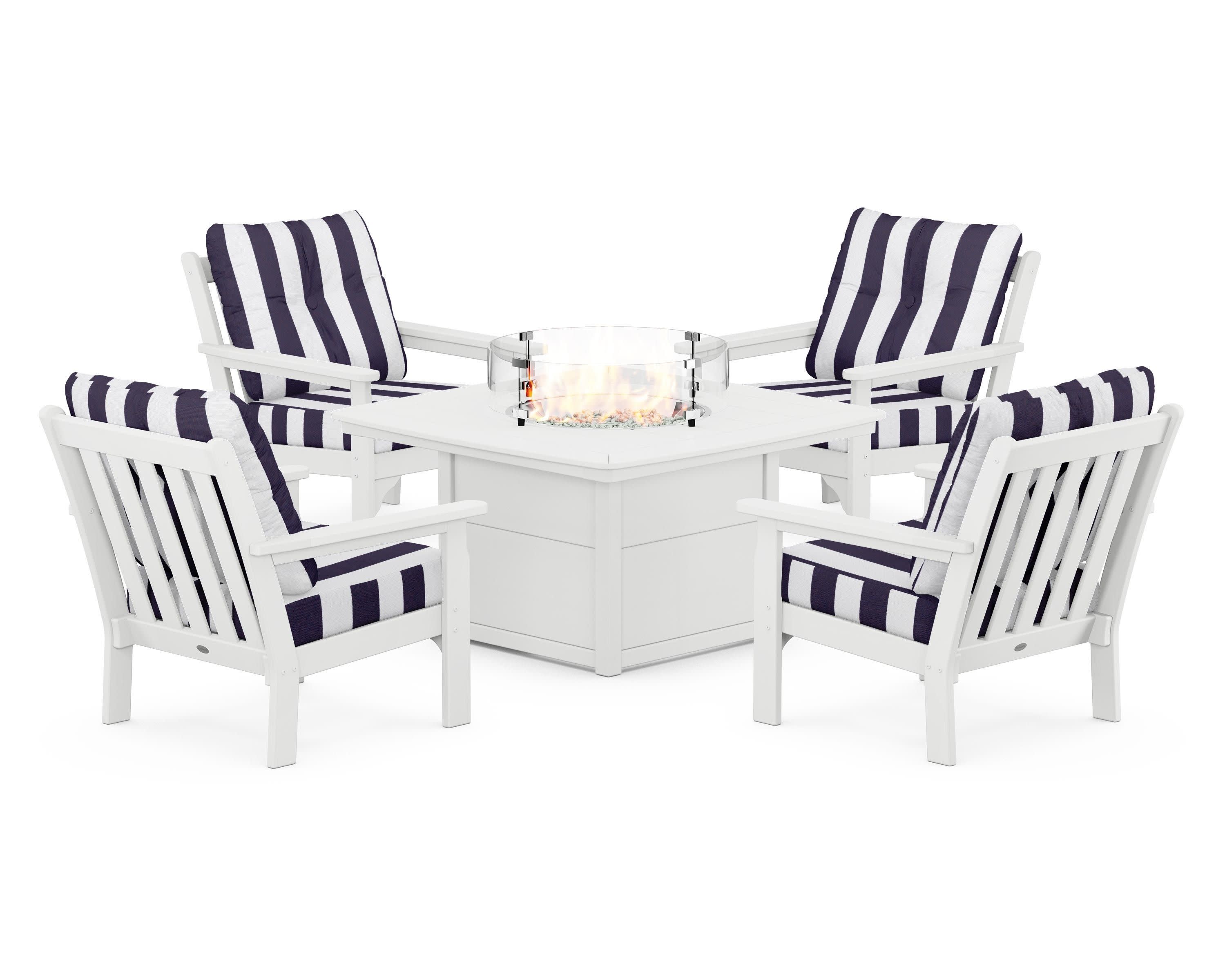 Vineyard 5-Piece Conversation Set with Fire Pit Table in White / Cabana Stripe Navy