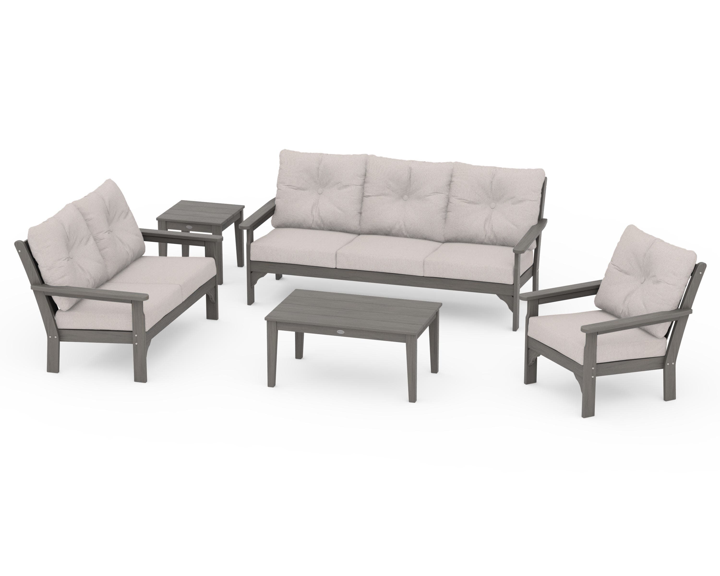 Vineyard 5 Piece Deep Seating Set in Driftwood / Dune Burlap