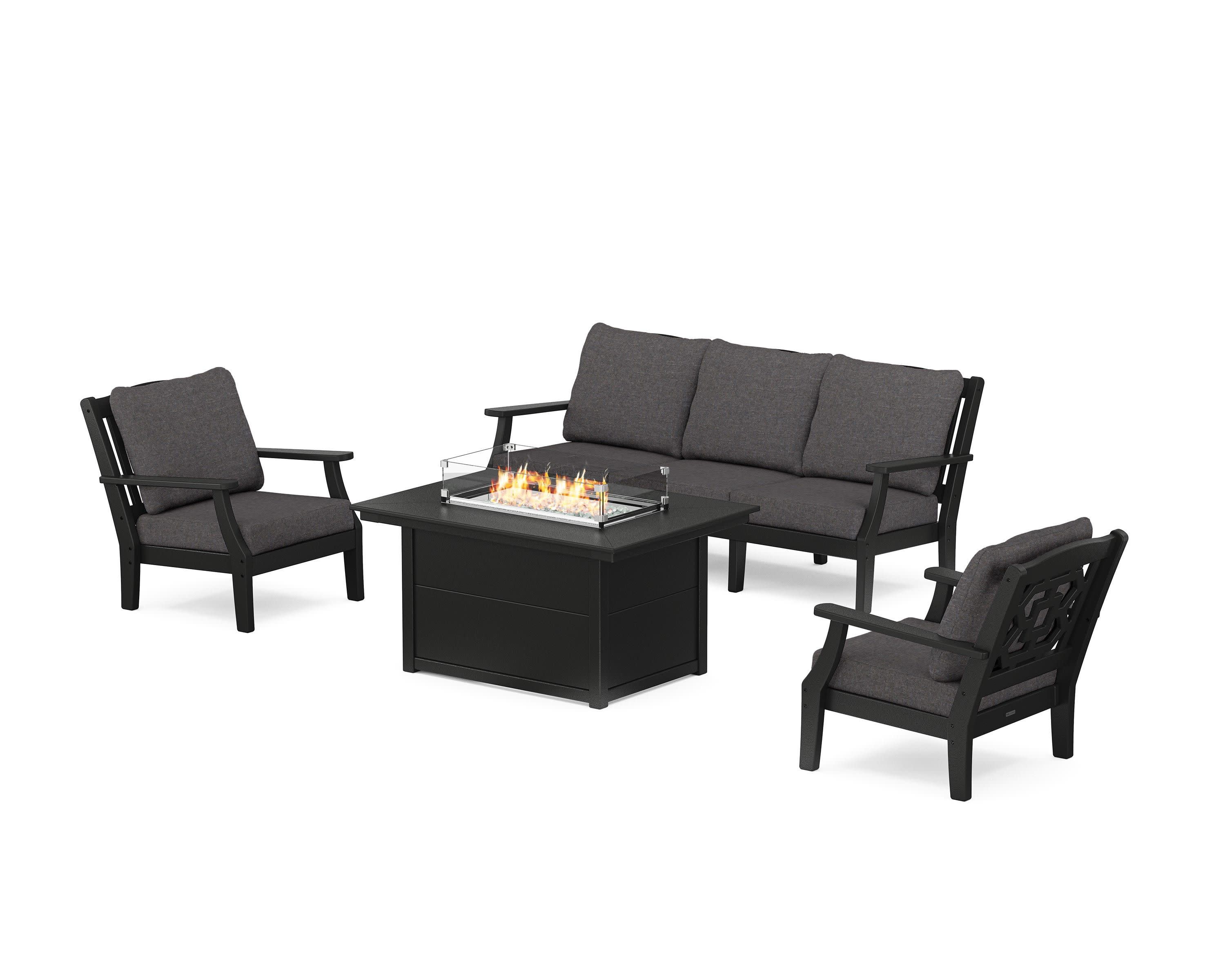 Chinoiserie Deep Seating Fire Pit Table Set in Black / Ash Charcoal