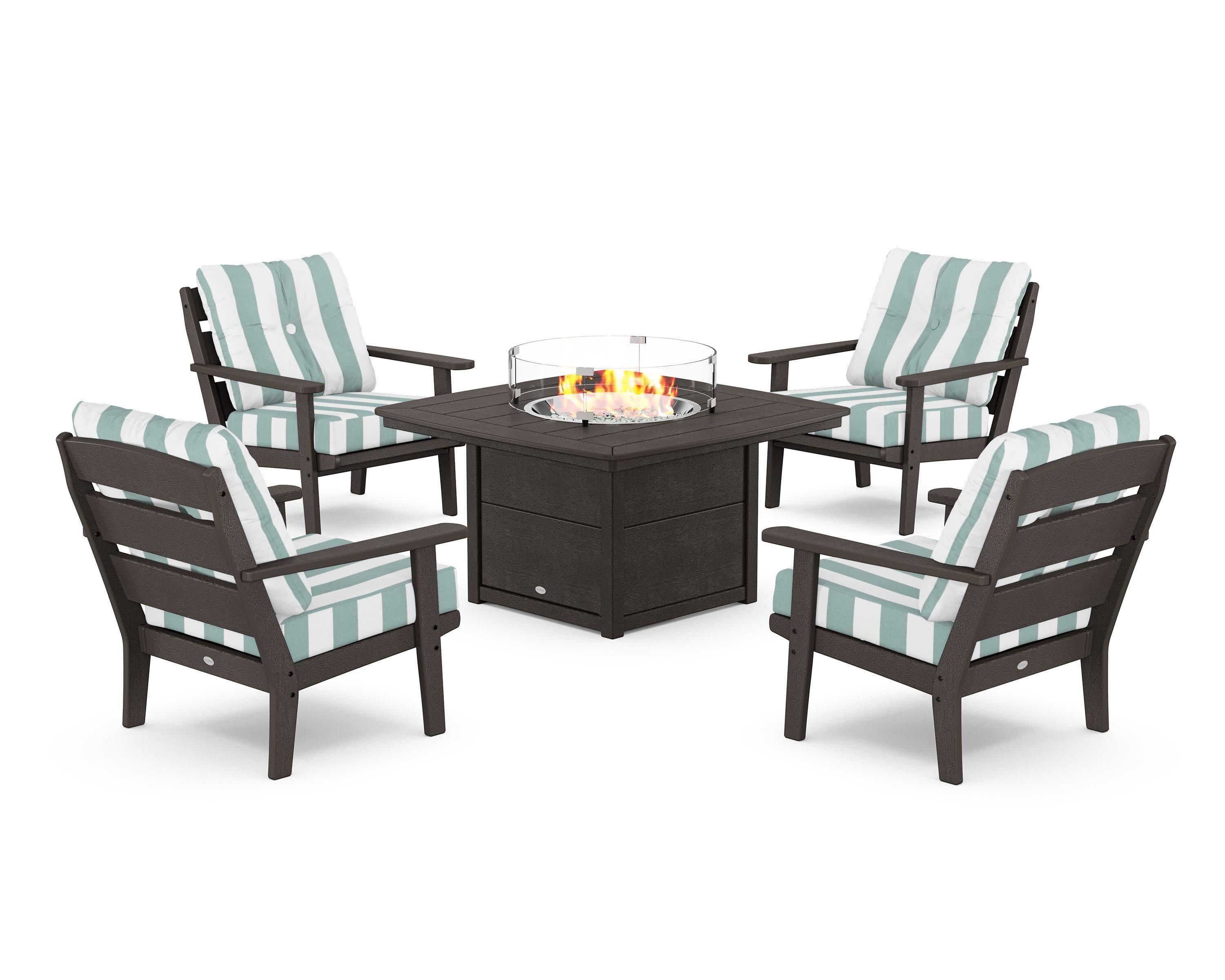 Lakeside 5-Piece Deep Seating Set with Nautical Fire Pit Table in Vintage Coffee / Cabana Stripe Glacier Spa
