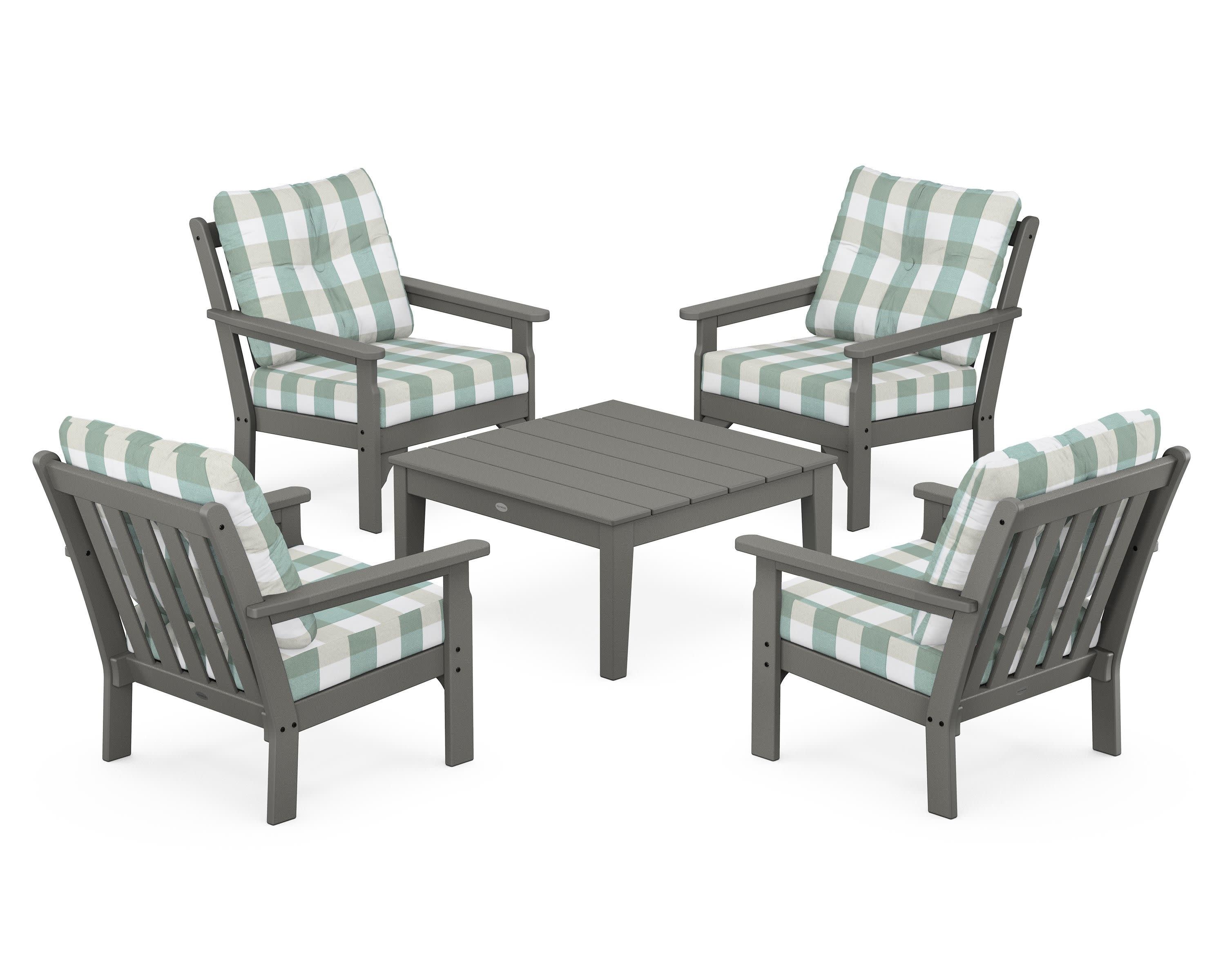 Vineyard 5-Piece Deep Seating Conversation Set in Slate Grey / Buffalo Plaid Glacier Spa