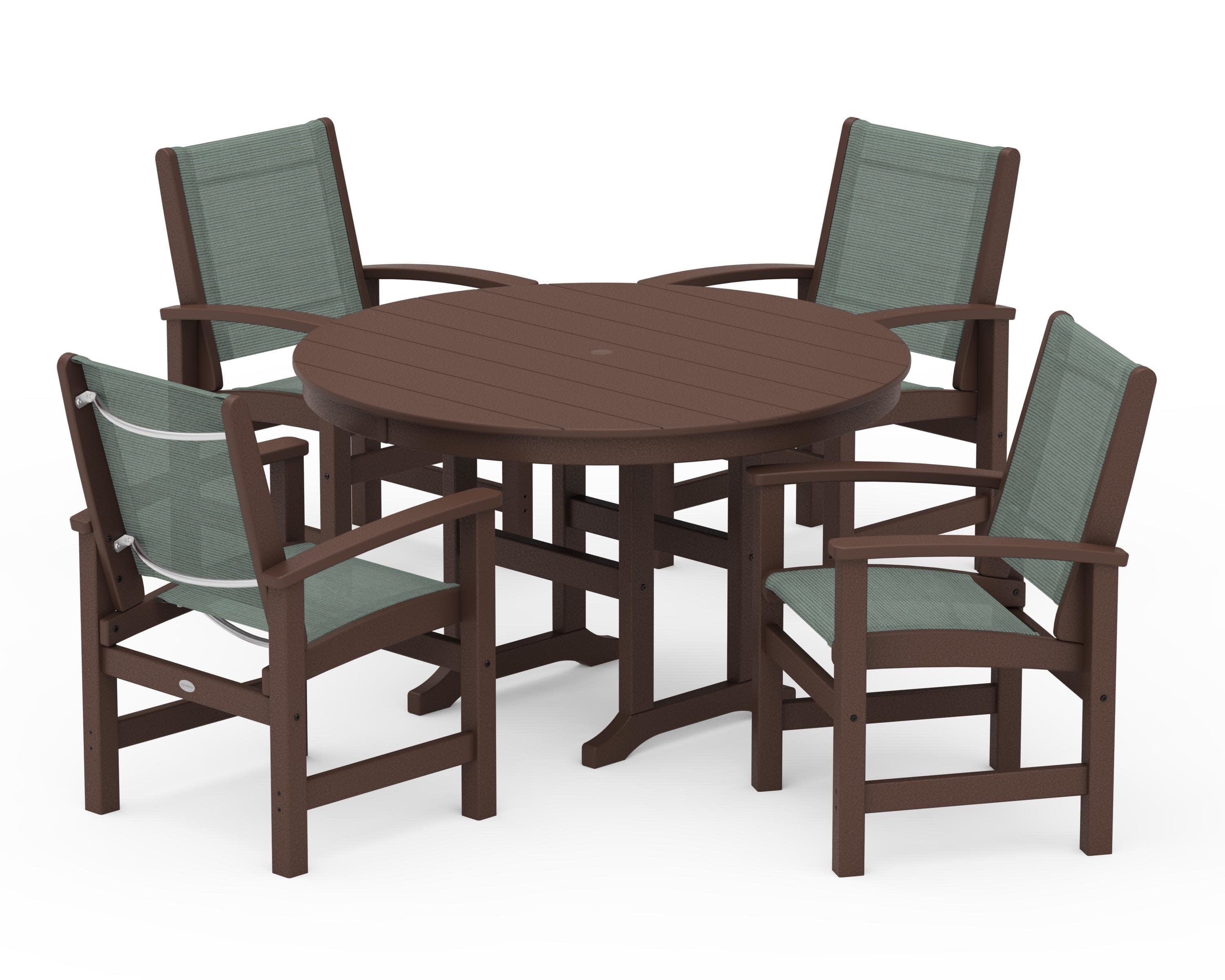 Coastal 5-Piece Round Farmhouse Dining Set in Mahogany / Dupioni Sea Mist Sling