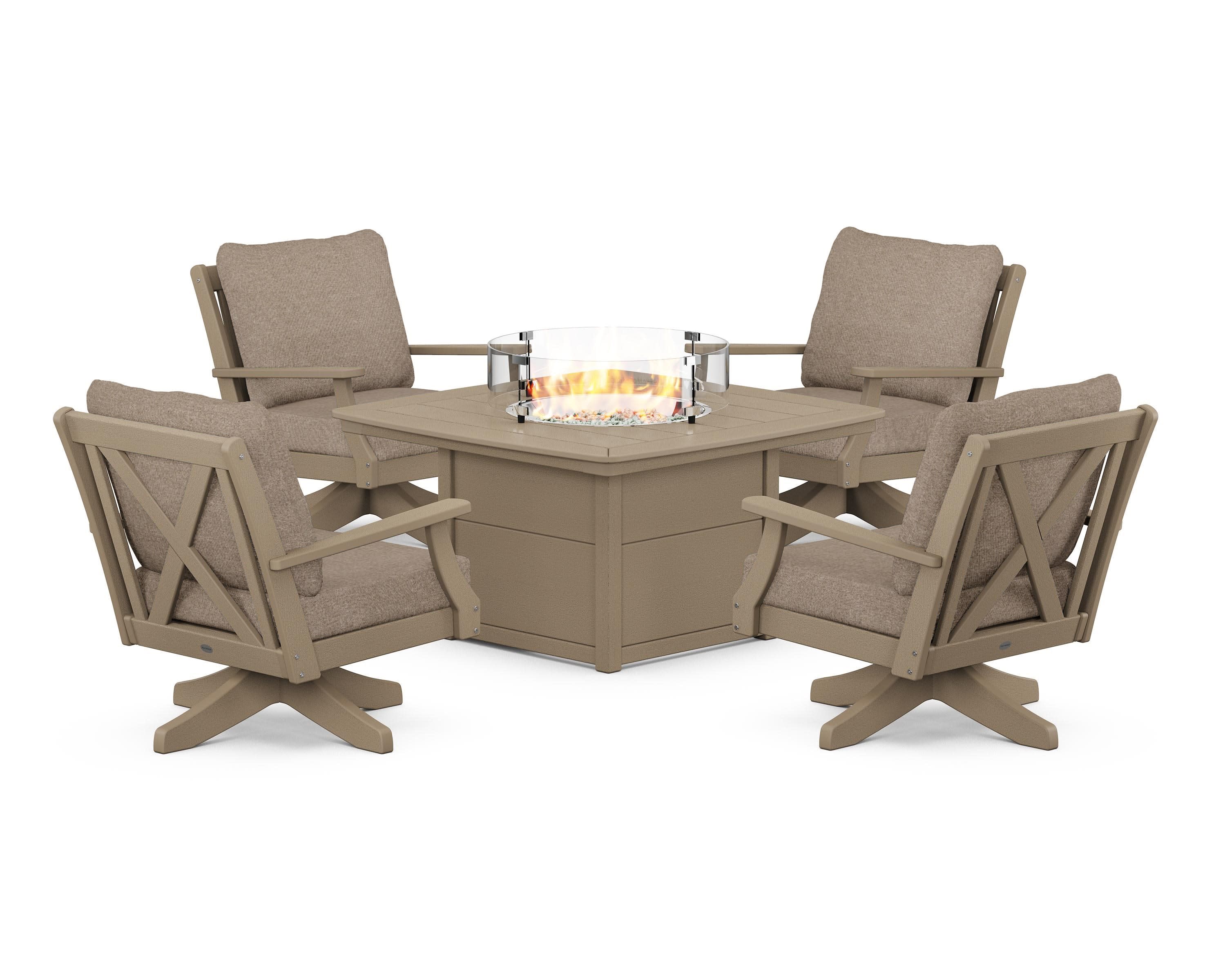 Braxton 5-Piece Deep Seating Swivel Conversation Set with Fire Pit Table in Vintage Sahara / Spiced Burlap