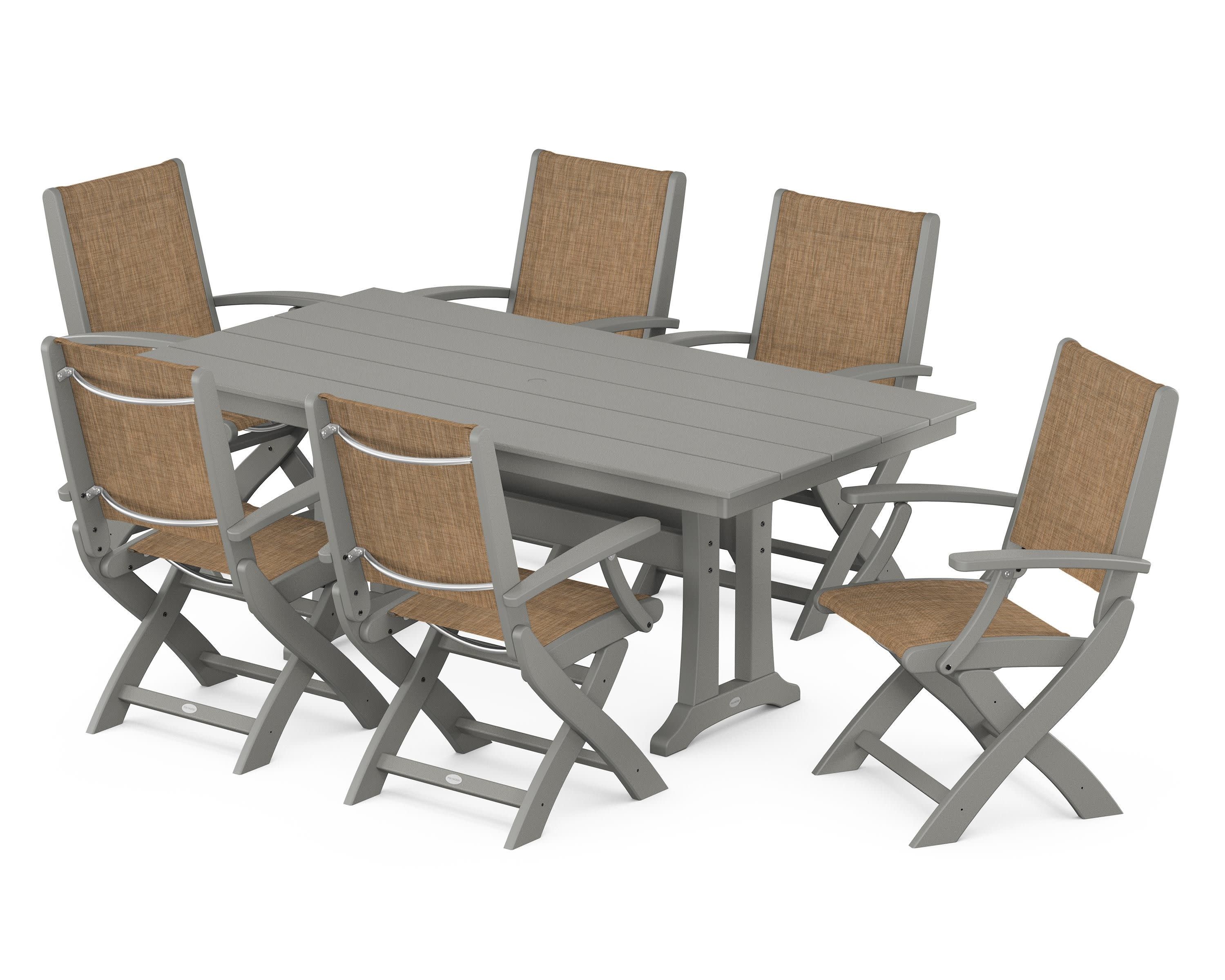 Coastal Folding Arm Chair 7-Piece Farmhouse Dining Set with Trestle Legs in Slate Grey / Burlap Sling