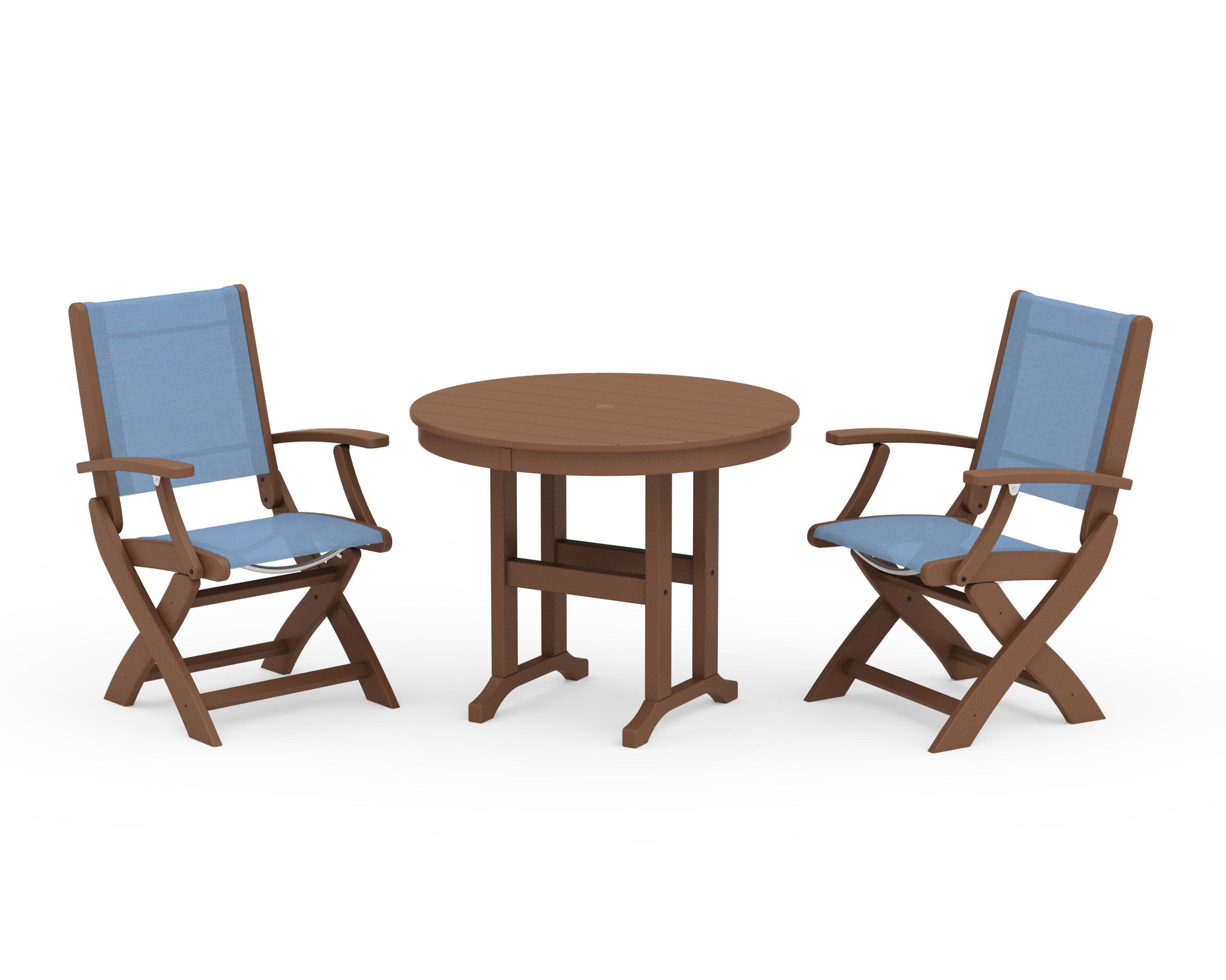 Coastal Folding Chair 3-Piece Round Dining Set in Teak / Poolside Sling