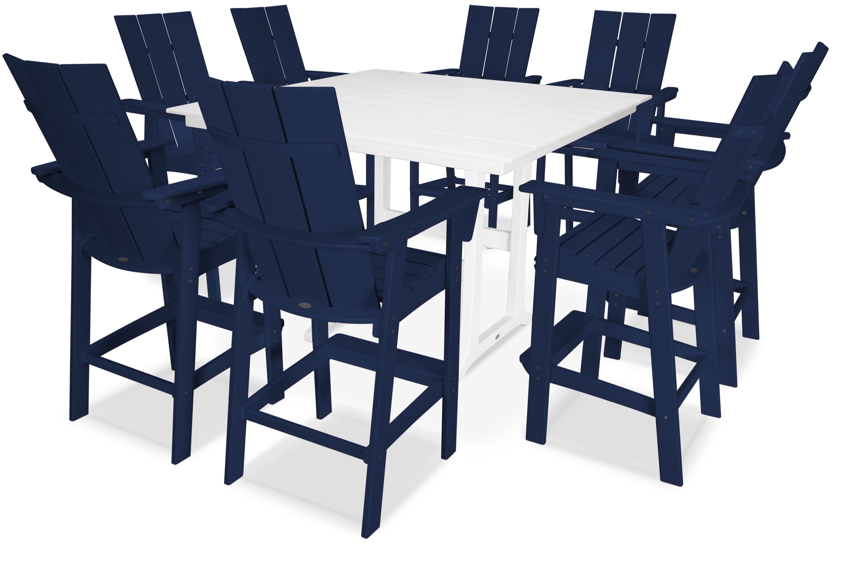 Modern Curveback Adirondack 9-Piece Farmhouse Trestle Bar Set in Navy / White