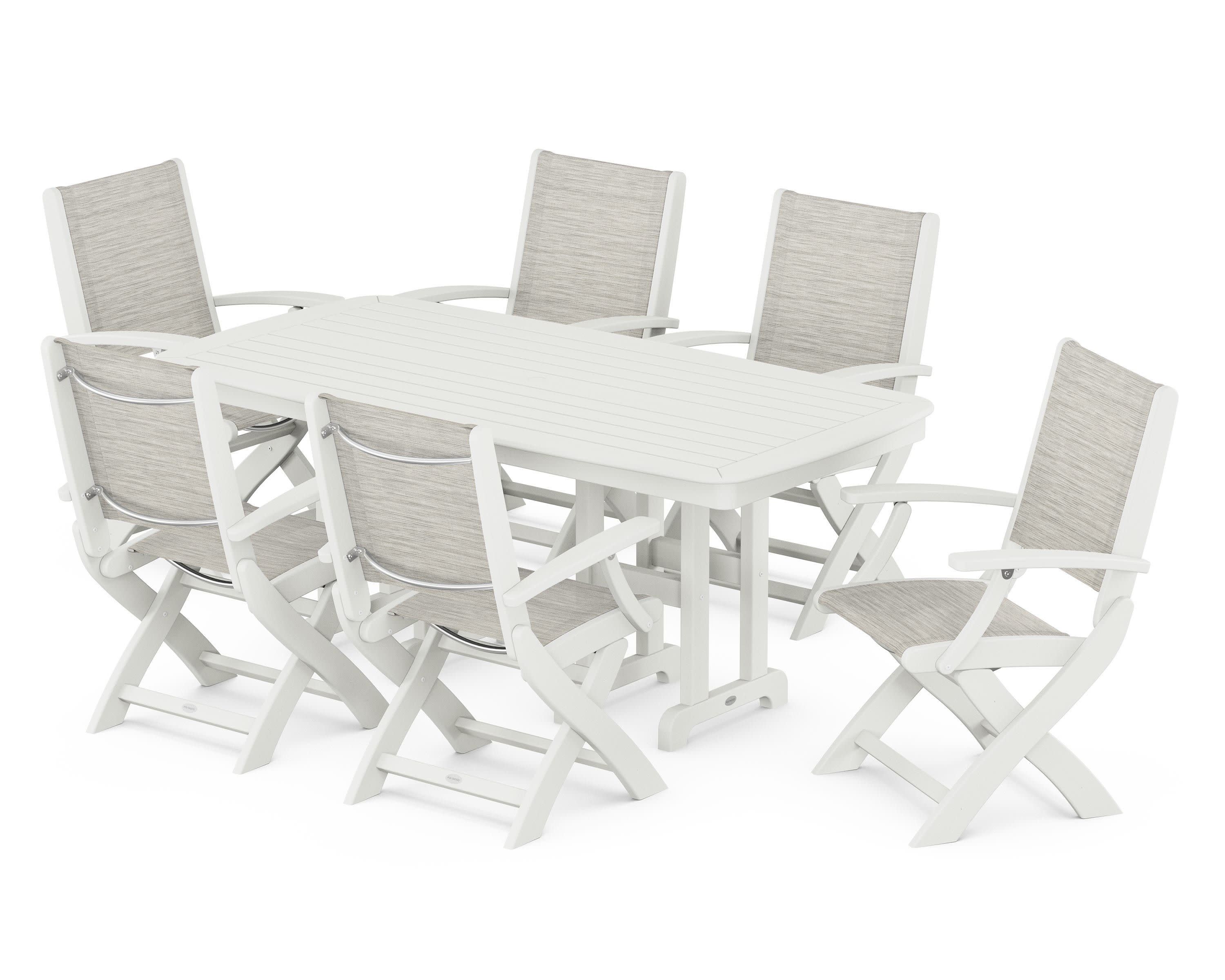 Coastal Folding Arm Chair 7-Piece Dining Set in Vintage White / Birch Sling