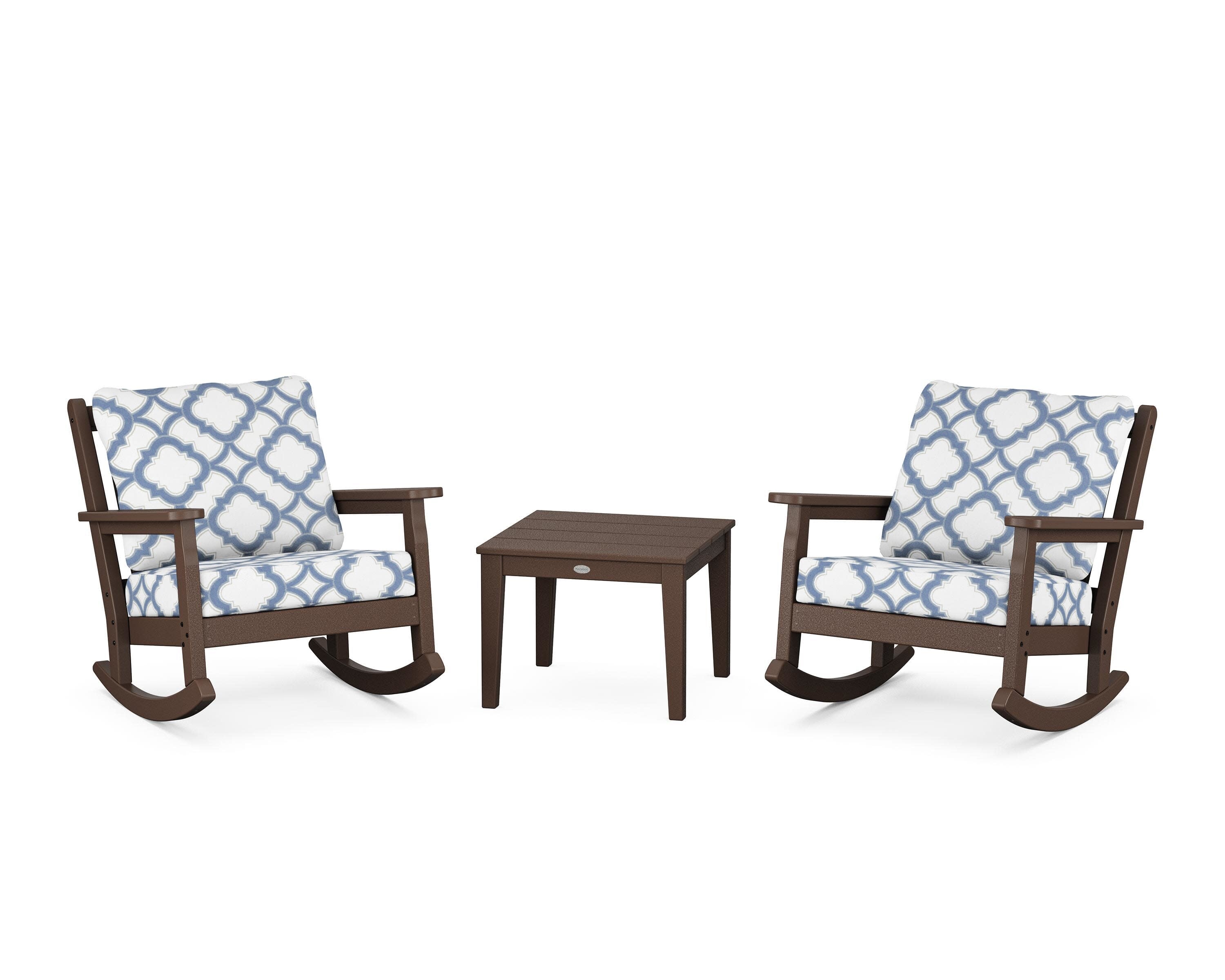 Chippendale 3-Piece Deep Seating Rocker Set in Mahogany / Trellis Sky Blue