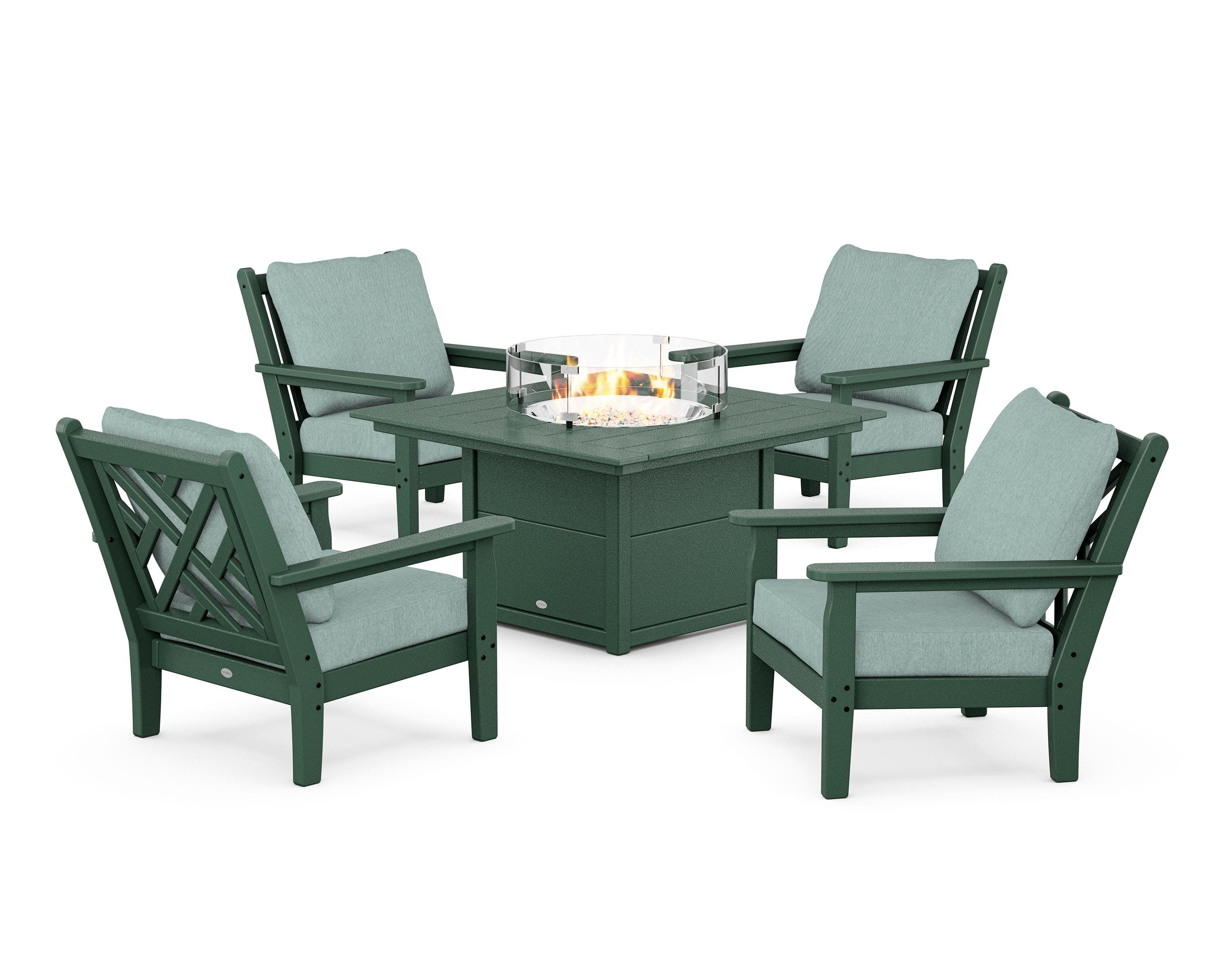 Chippendale 5-Piece Deep Seating Set with Fire Pit Table in Green / Glacier Spa